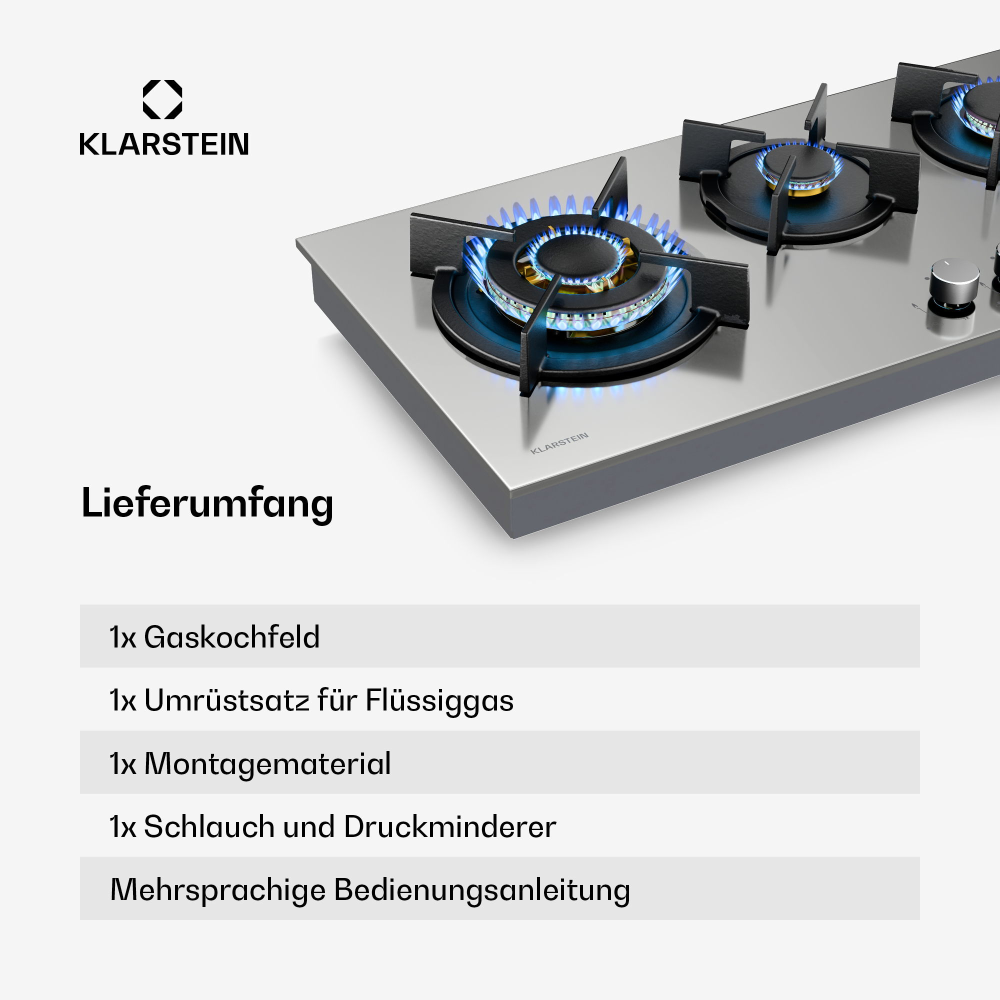 Gasherd mit drei Brennern. Blaue Flammen sind sichtbar. Das Klarstein-Logo befindet sich oben links.