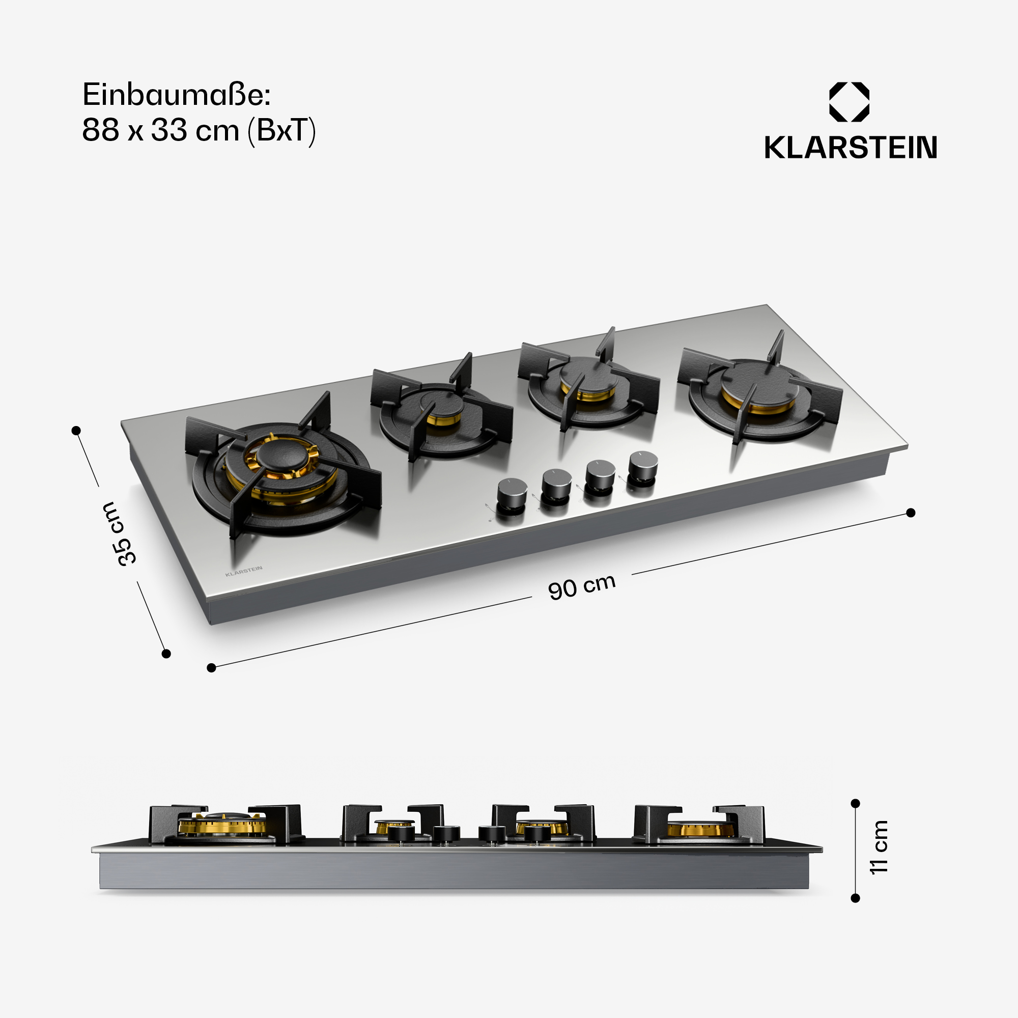 Ein Edelstahl-Gaskochfeld mit vier Brennern, Drehknöpfen und Maßangaben. Das Klarstein-Logo ist sichtbar.
