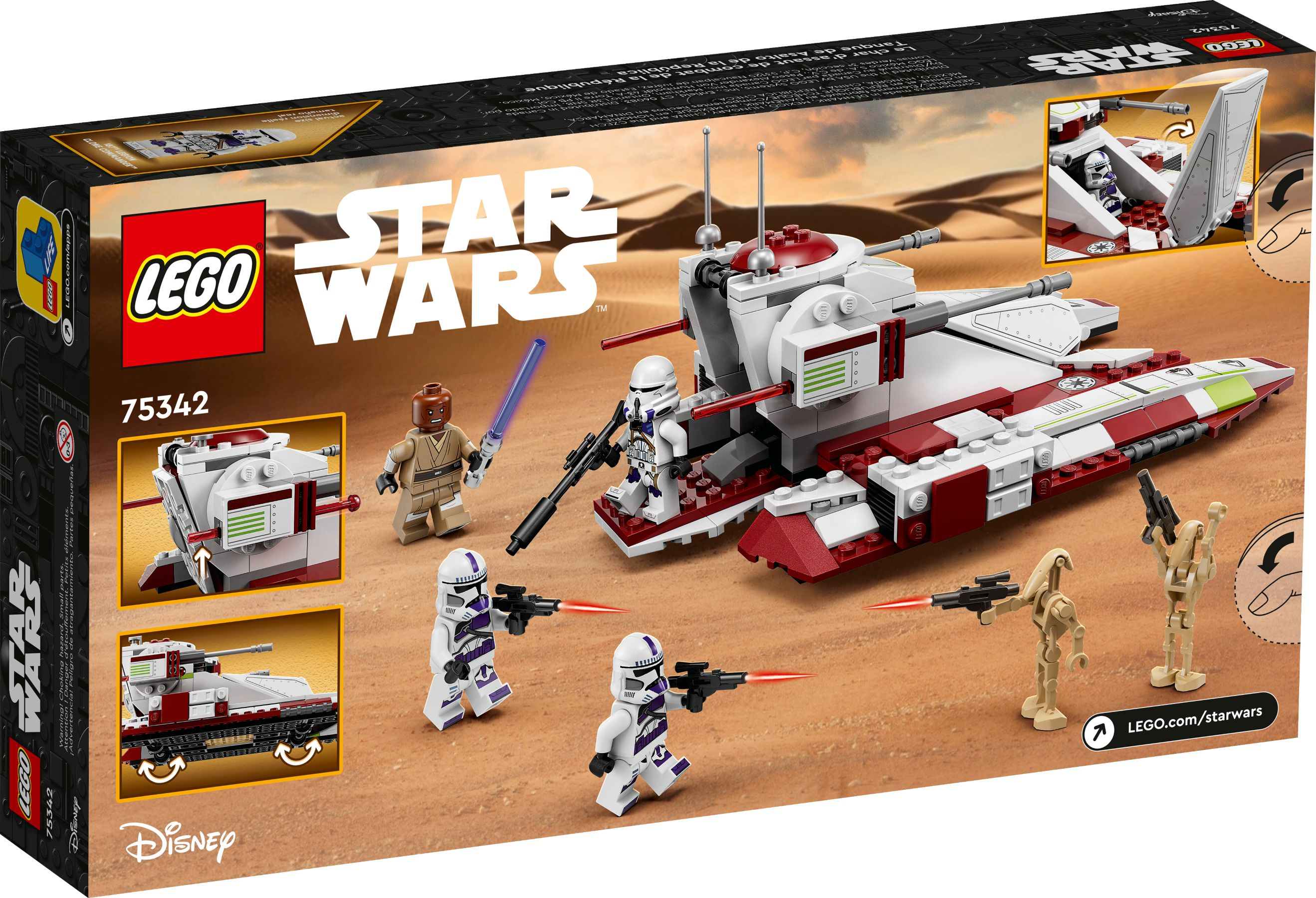 LEGO Star Wars-Box. Mit Tankmodell und Minifiguren. Der Hintergrund ist eine Wüstenszene. Logos und Text sind sichtbar.