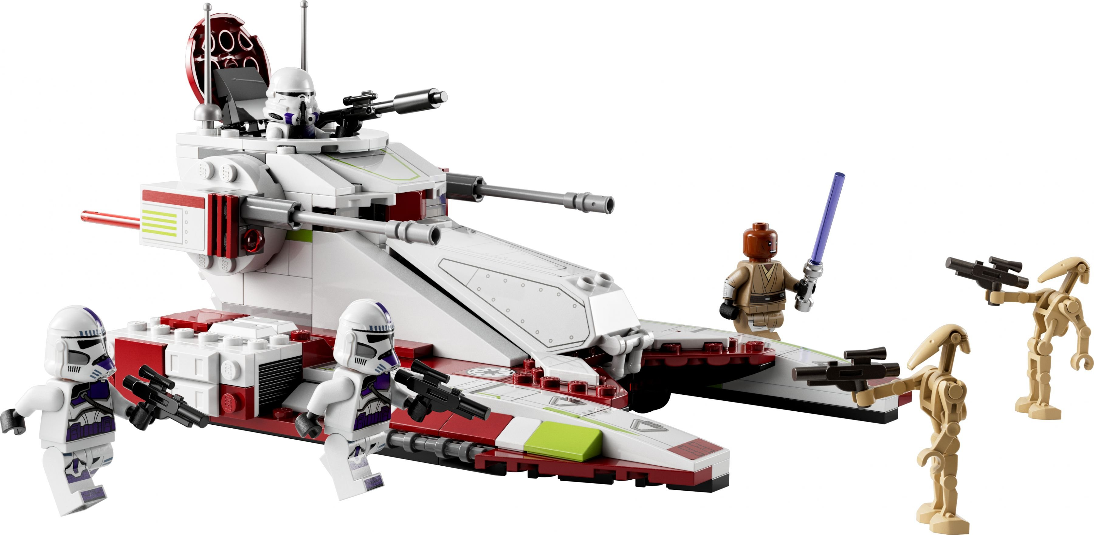 Lego Star Wars Set. Enthält ein weißes und rotes Fahrzeug, Klonkrieger, Kampfdroiden und einen Jedi mit Lichtschwert.