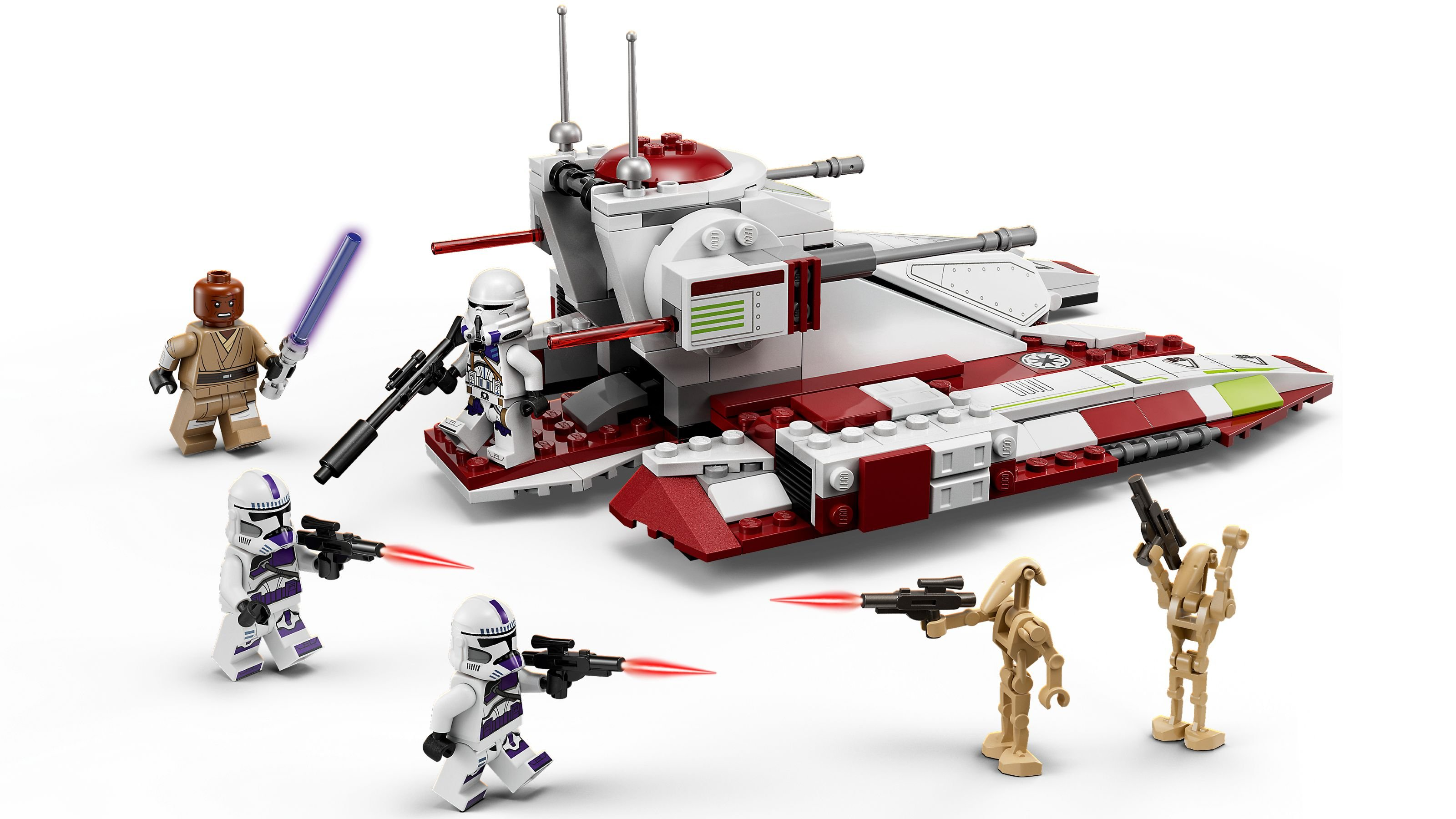 Ein Lego Star Wars Set mit Panzer, Minifiguren und Kampfdroiden. Der Panzer ist weiß und rot. Figuren halten Waffen.
