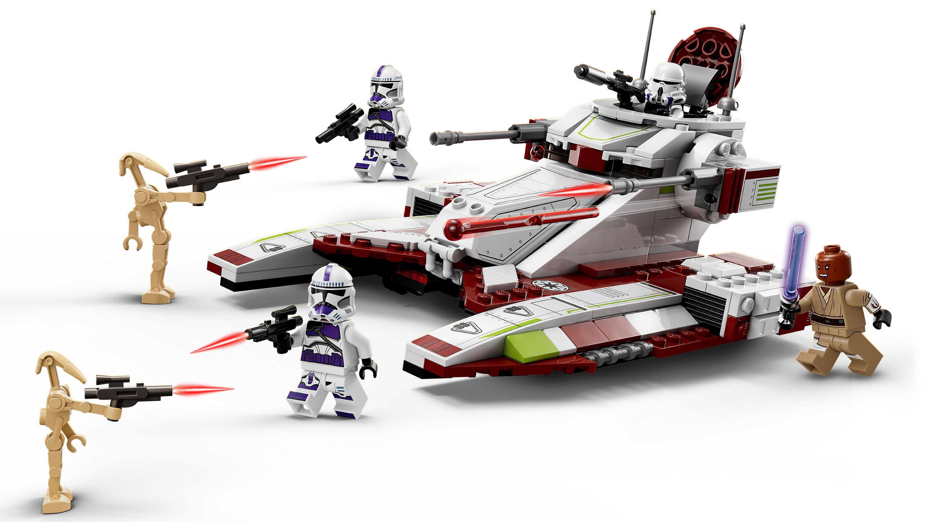 Lego Star Wars Set. Ein Panzer und mehrere Minifiguren sind im Kampf. Rote Laserstrahlen werden aus Blastern abgefeuert.