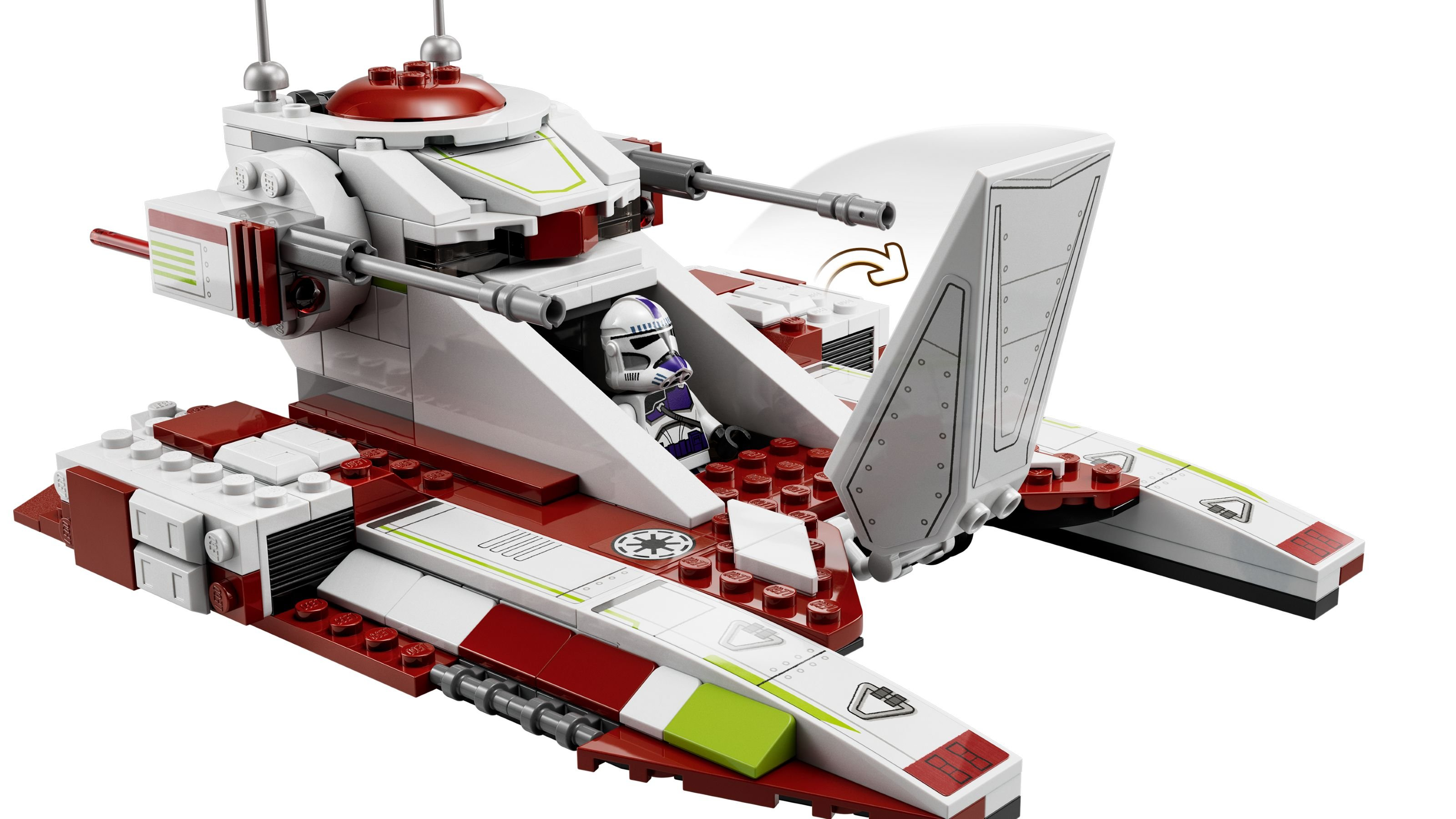 Ein Lego Star Wars Fahrzeug. Es ist weiß und rot. Eine Figur mit Helm sitzt darin. Der Hintergrund ist weiß.