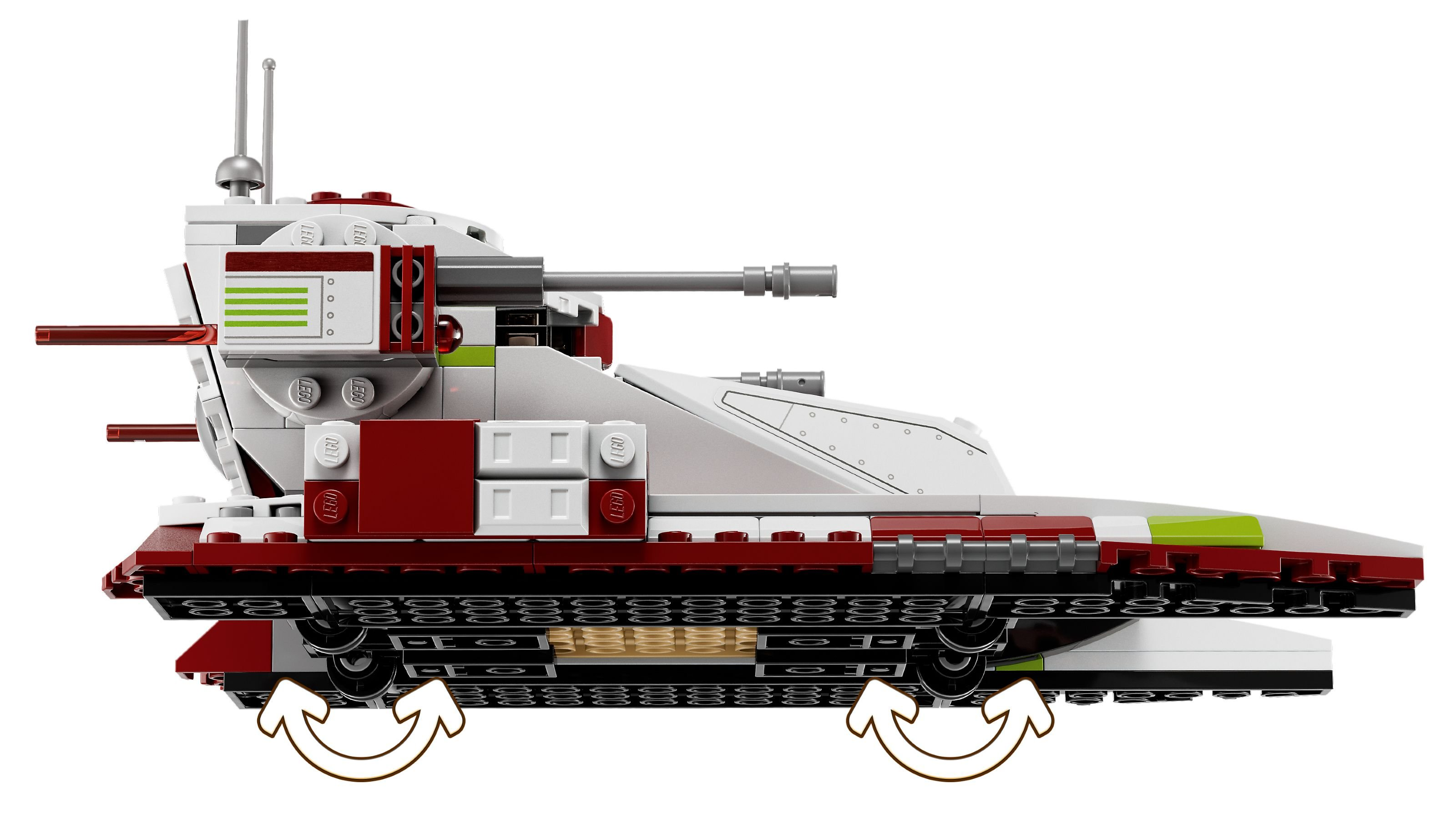 Ein weißer, roter und grauer Lego-Panzer ist von der Seite zu sehen. Er hat eine Kanone, Antennen und Räder.
