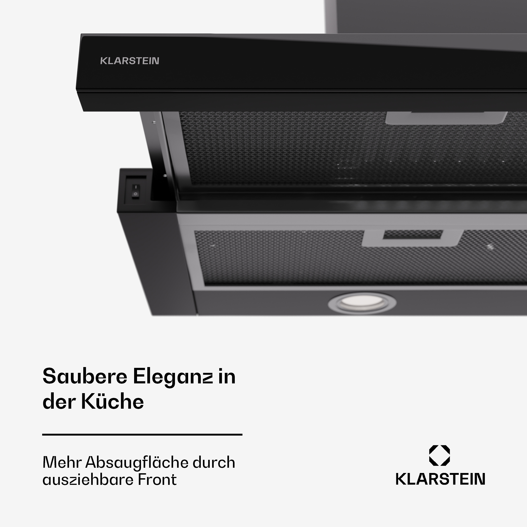 Schwarze Dunstabzugshaube mit Mesh-Filter, Licht und dem Markennamen Klarstein. Sie hat einen Schalter.