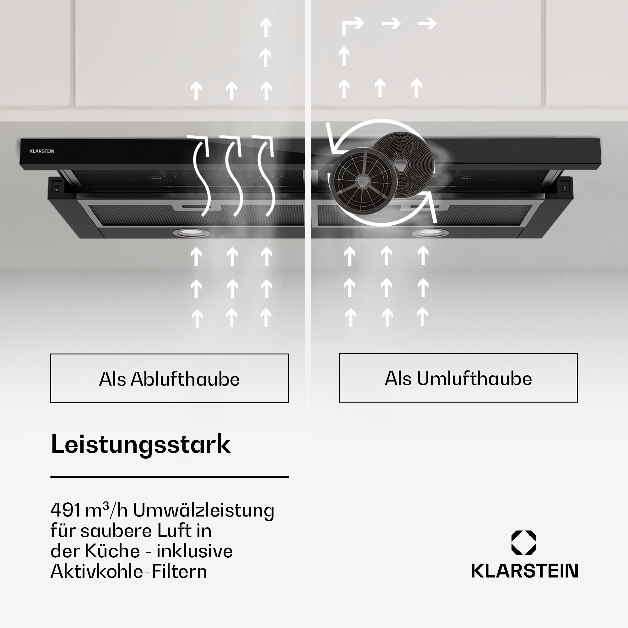 Schwarze Dunstabzugshaube mit Luftstromdiagrammen. Zeigt Abluft- und Umluftmodi mit dem Klarstein-Logo.