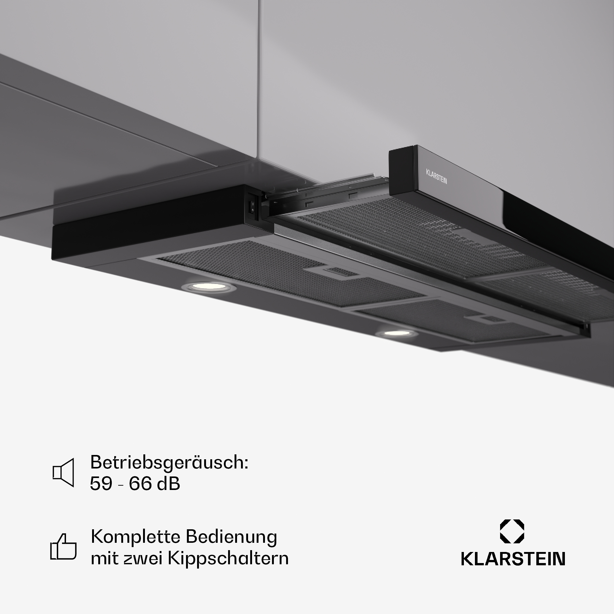 Ein schwarzer Klarstein-Dunstabzug ist abgebildet. Er hat Lichter und einen Filter. Text sagt 59-66 dB Geräuschpegel und volle Steuerung.