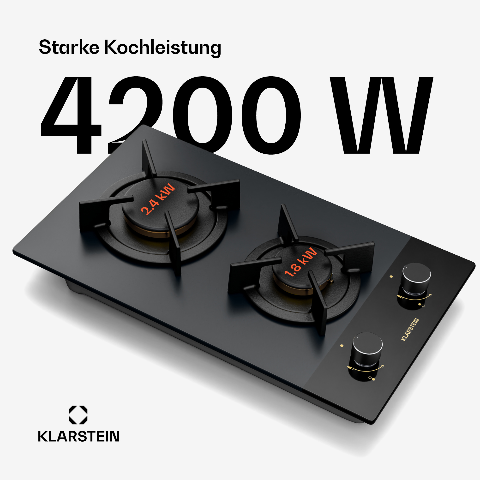 Ein schwarzes Klarstein-Gaskochfeld mit zwei Brennern. Die Leistung beträgt 4200 W. Die Brenner haben 2,4 kW und 1,8 kW. Knöpfe sind rechts.