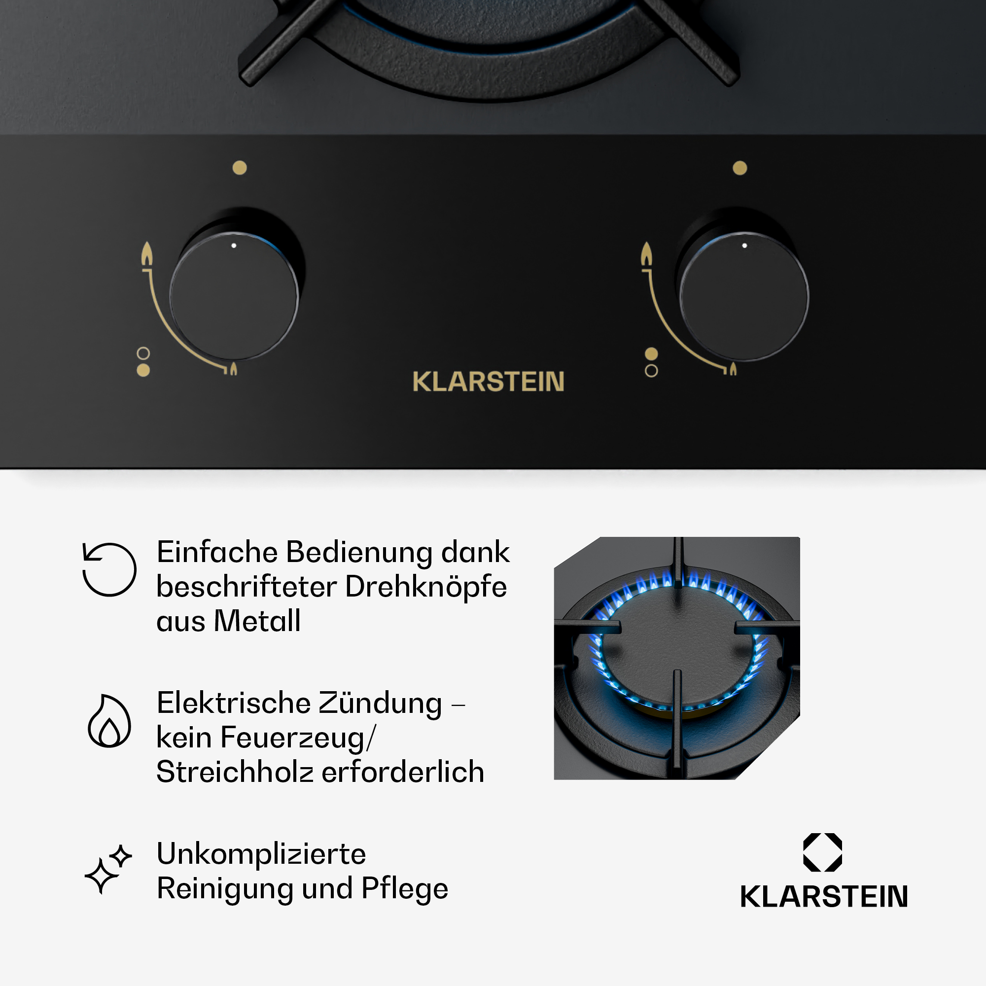 Schwarzer Gasherd mit goldenen Akzenten, zwei Knöpfen und einem brennenden Brenner. Klarstein-Logo sichtbar.