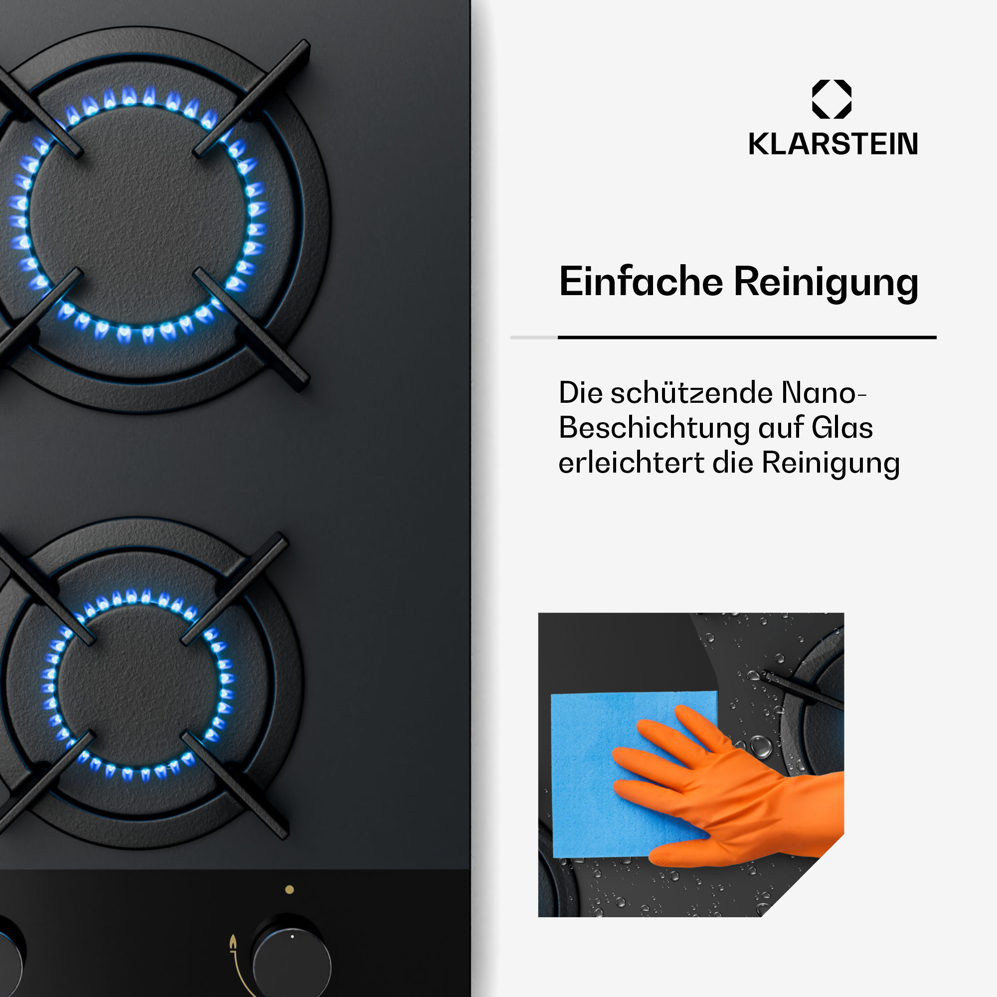 Schwarzes Kochfeld mit blauen Flammen. Eine orangefarbene Hand reinigt einen Brenner mit einem blauen Tuch. Klarstein-Logo sichtbar.