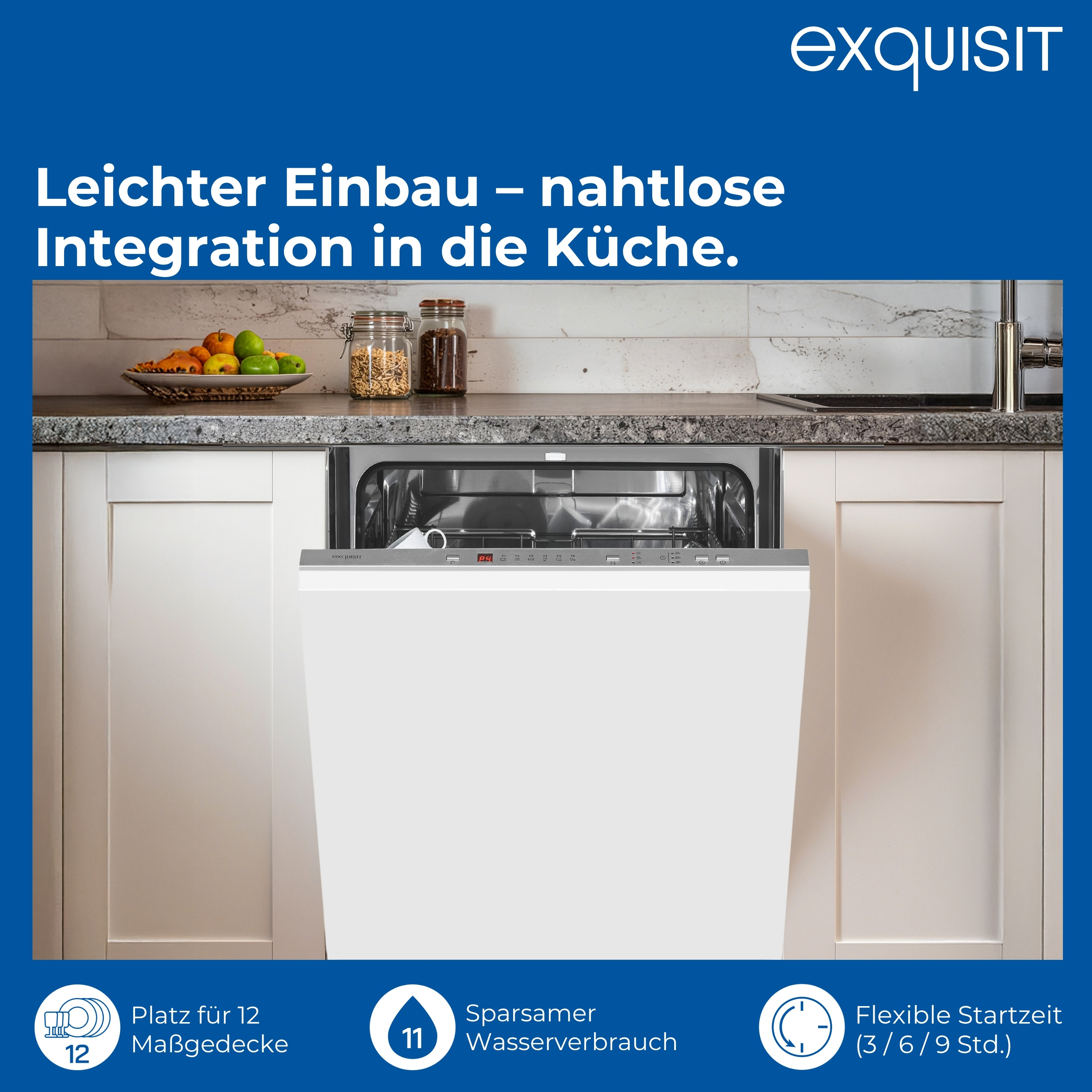 Geschirrspüler in Küche integriert, mit Obst und Gläsern auf der Theke und Funktionssymbolen.