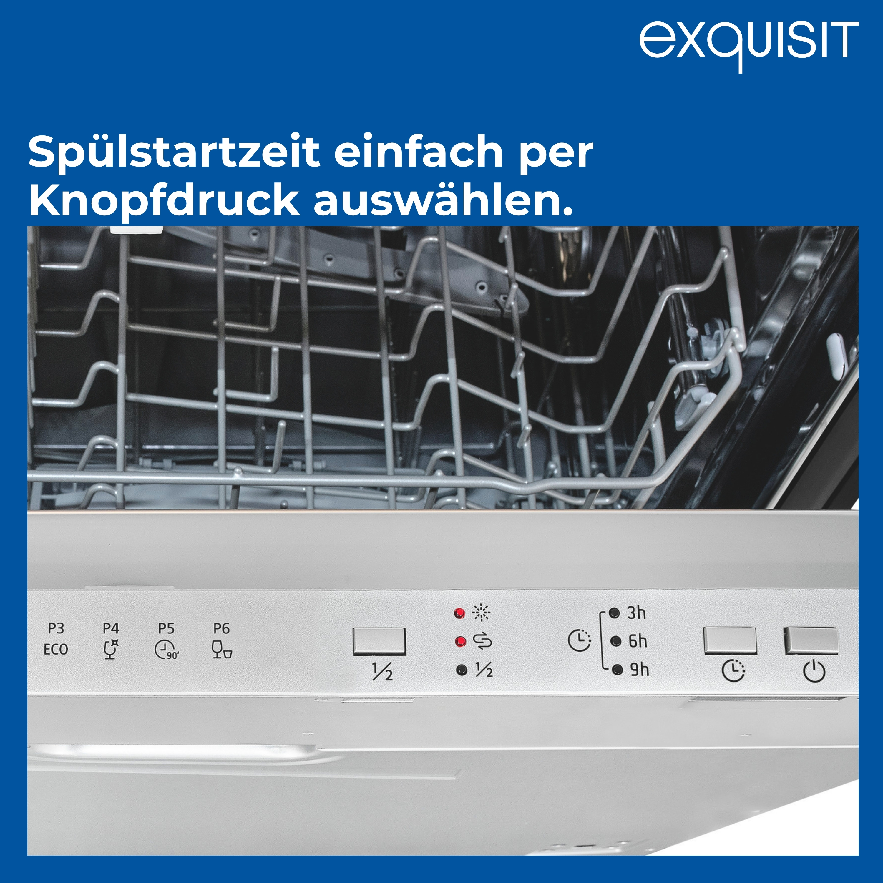Geschirrspüler-Bedienfeld mit Tasten für Zyklusoptionen und Display. Edelstahl-Innenraum ist sichtbar.