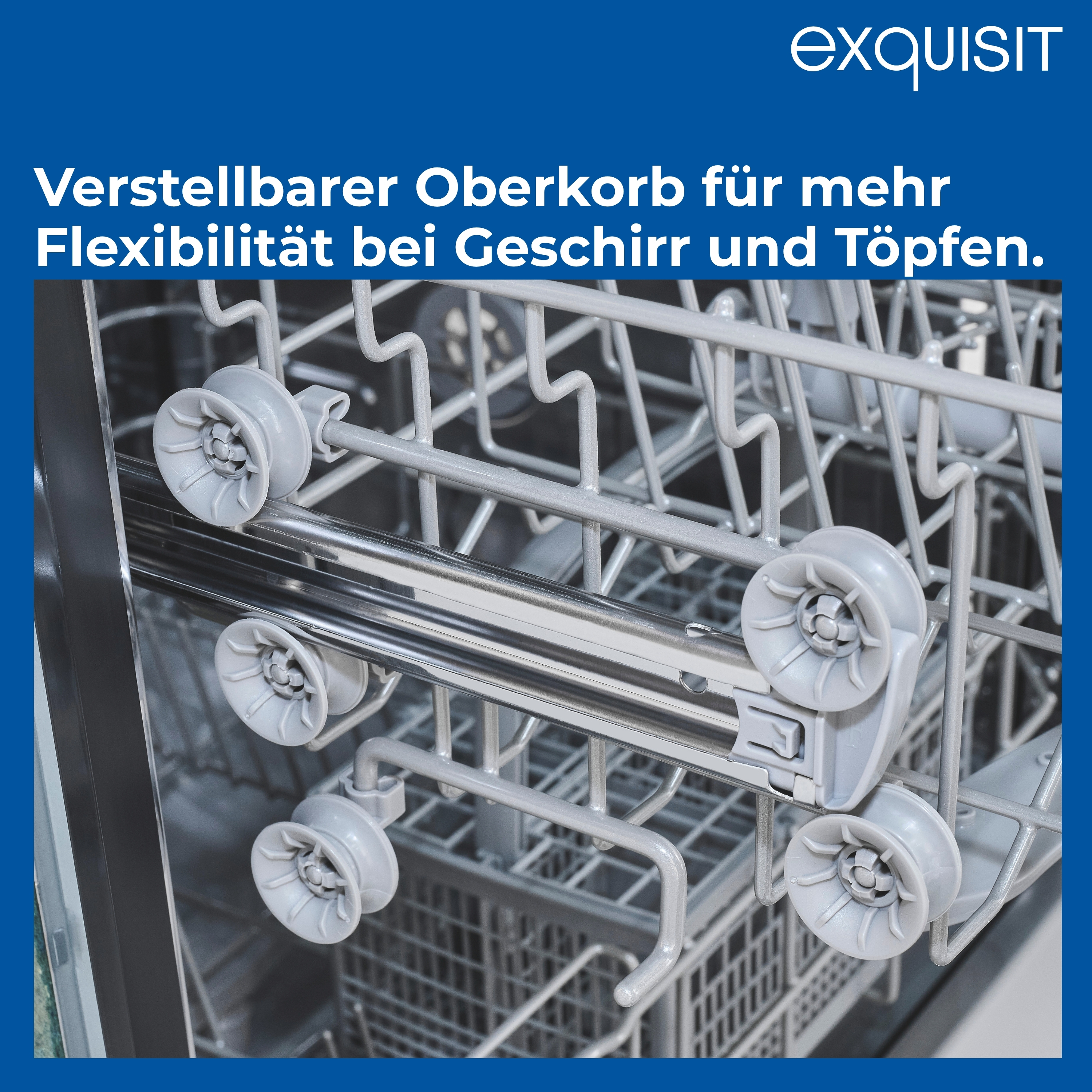 Geschirrspülerkorb mit Rädern. Der Text oben lautet: verstellbarer Oberkorb für mehr Flexibilität bei Geschirr und Töpfen.