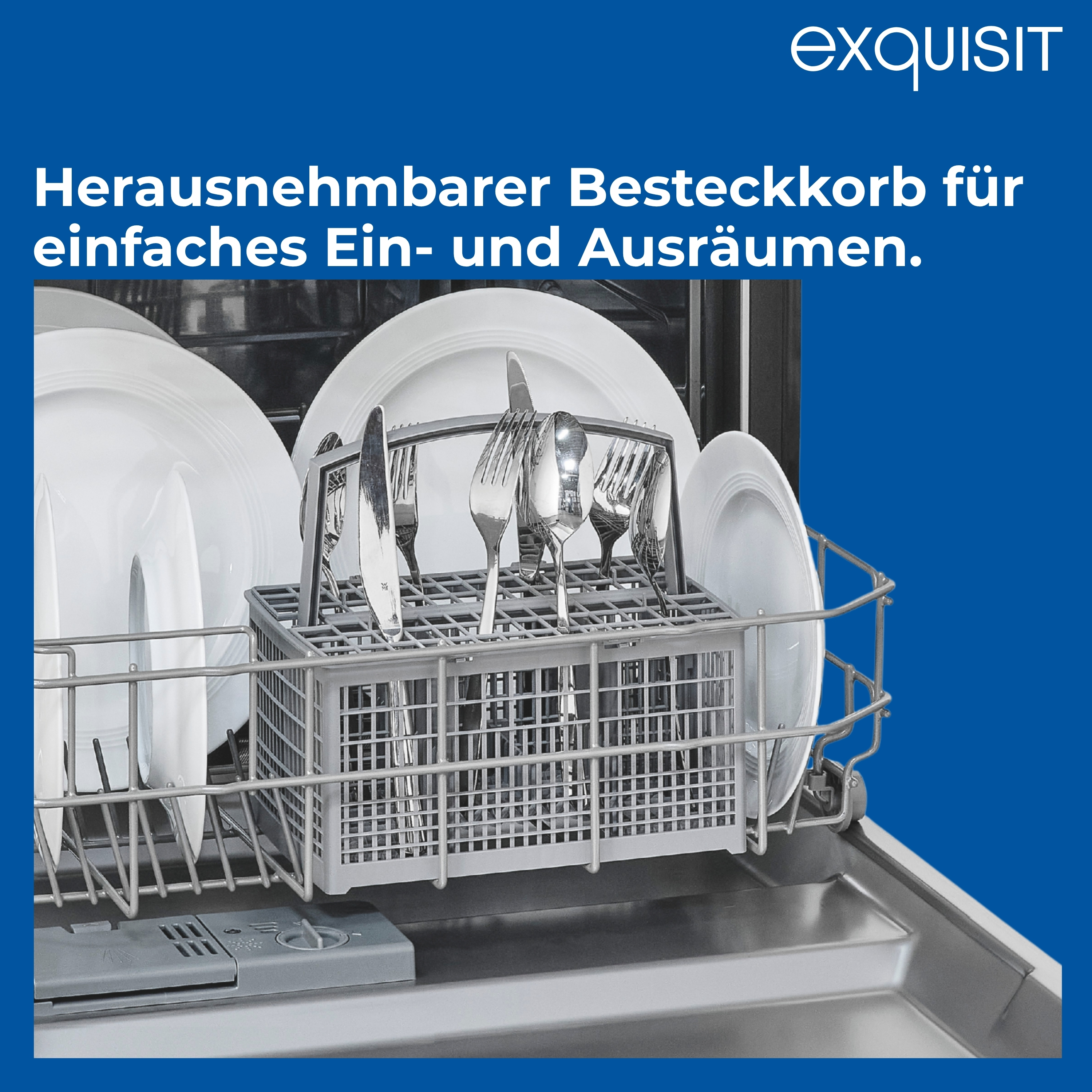 Geschirrspüler-Innenraum mit Besteckkorb, Tellern und Besteck. Blauer Hintergrund mit Text.