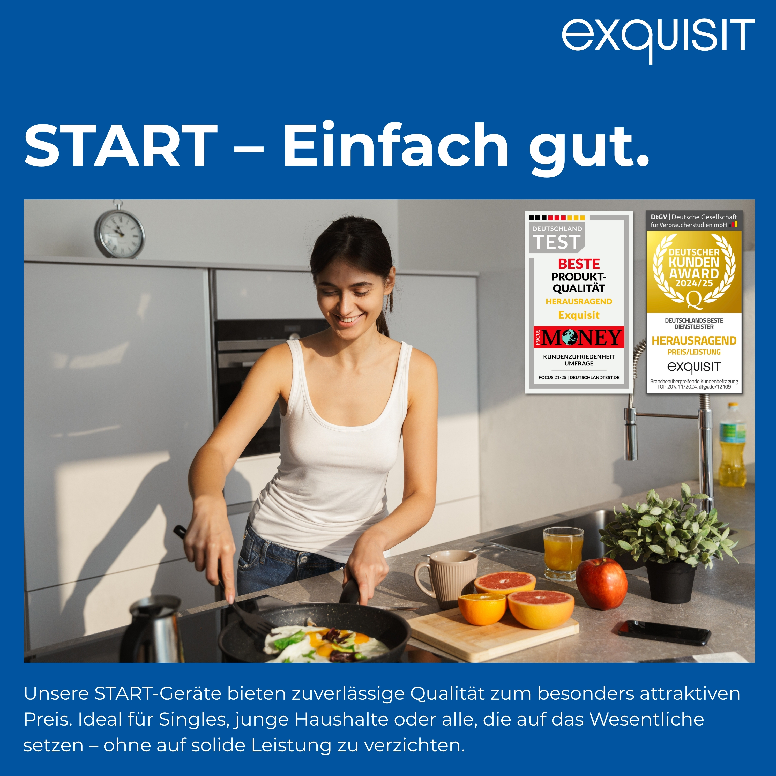 Frau kocht Eier in der Pfanne. Küchenszene mit Obst und Auszeichnungen.