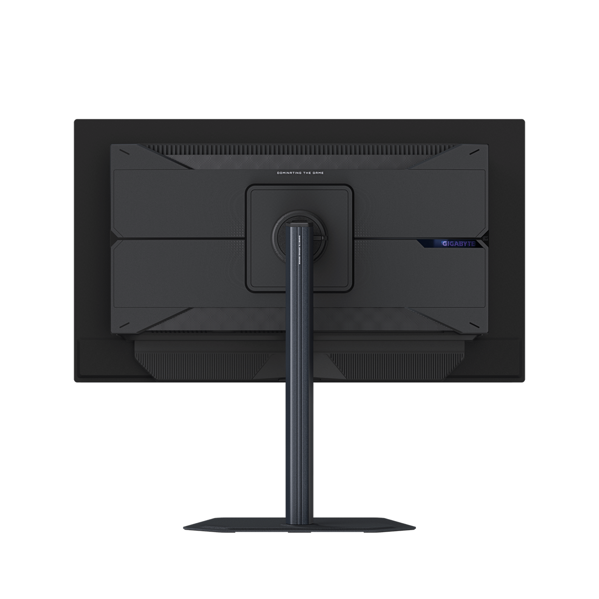 Widok z tyłu czarnego monitora. Podstawa jest na środku, widoczne logo Gigabyte. Na górze napis 'Dominating the Game'.