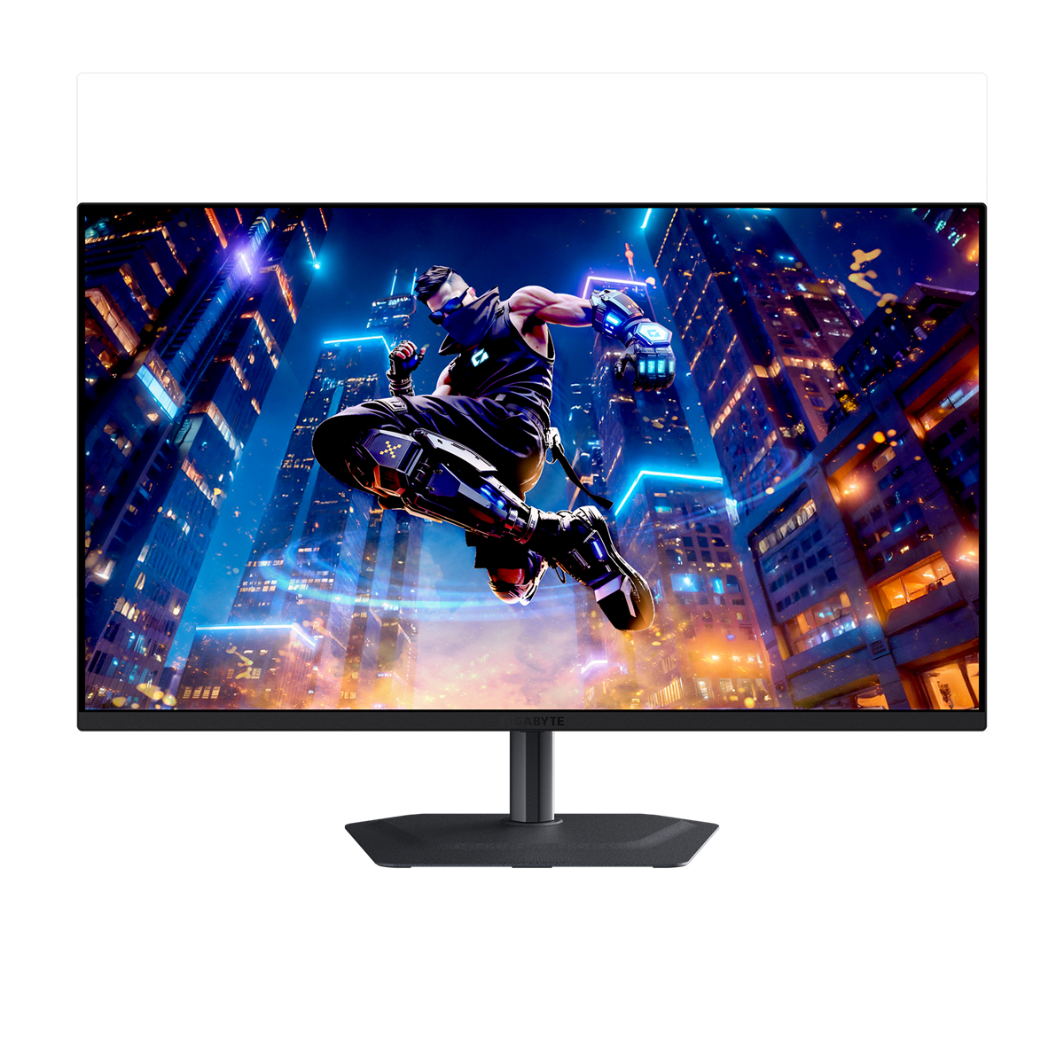 Monitor zeigt futuristische Stadtlandschaft und springende Figur. Der Monitor steht auf schwarzem Untergrund. Figur trägt Tech-Ausrüstung.