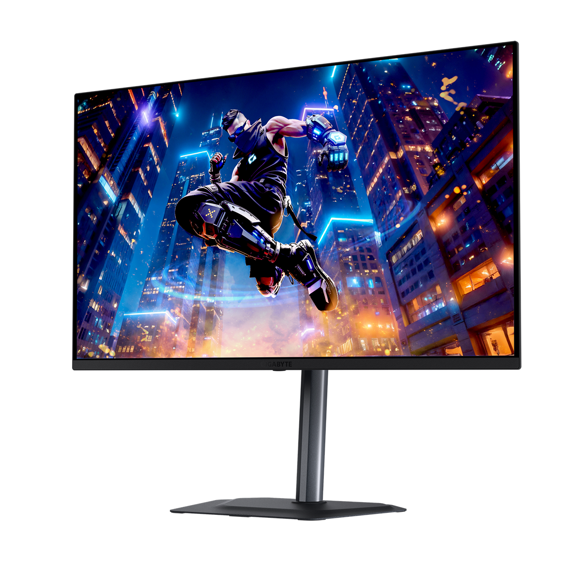 Ein Computermonitor zeigt einen springenden Superhelden in einer futuristischen Stadt. Der Monitor hat einen schwarzen Rahmen und einen silbernen Ständer.