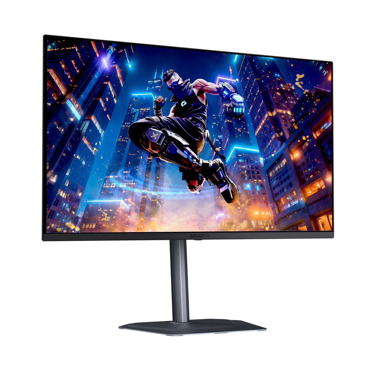 Ein Monitor zeigt eine springende Figur in futuristischer Kleidung vor einer Stadtkulisse. Der Monitor steht auf einem Ständer, schwarzer Hintergrund.