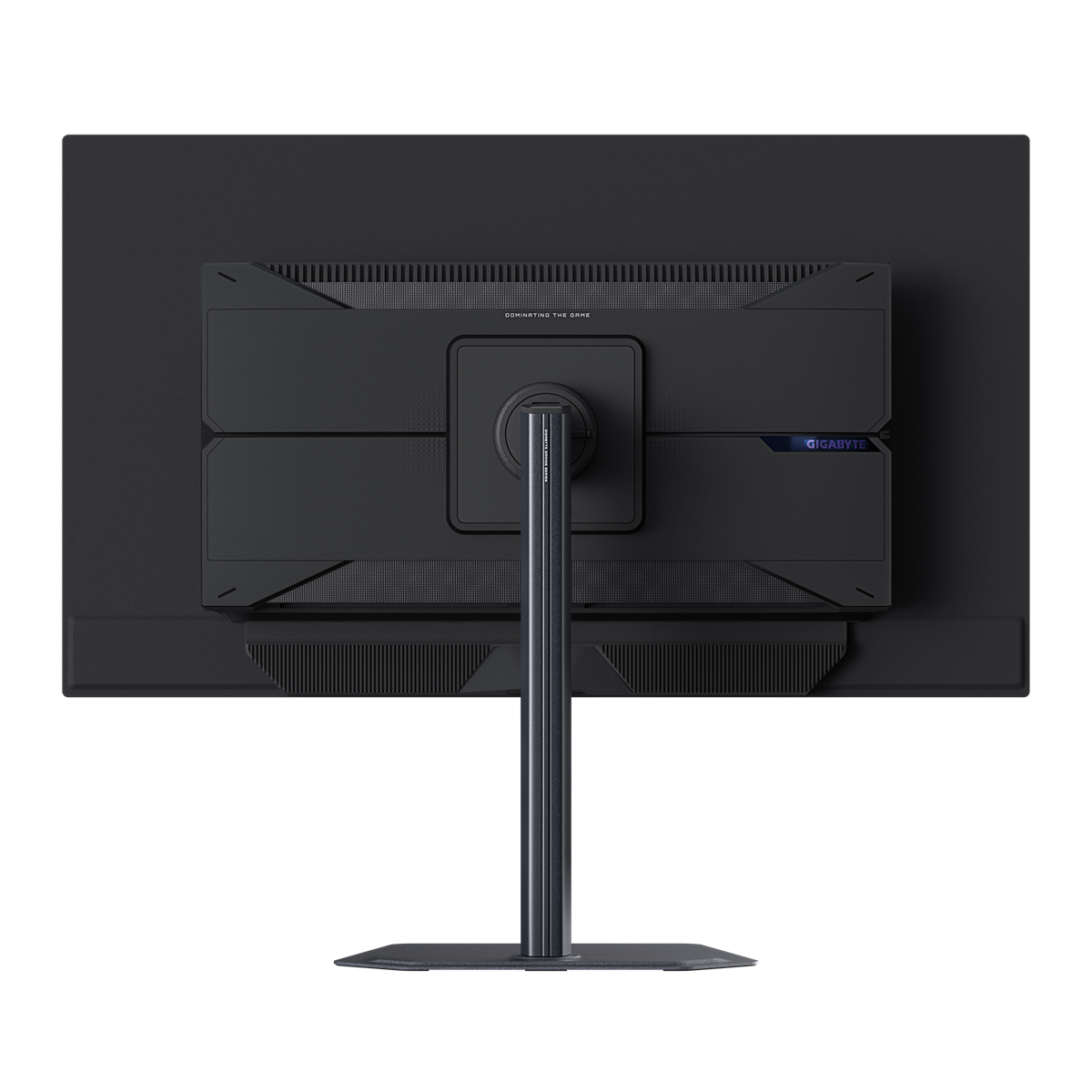 Rückansicht eines schwarzen Computermonitors. Der Ständer ist schwarz und silber. Der Monitor hat ein schwarzes Design mit dem Wort GIGABYTE.