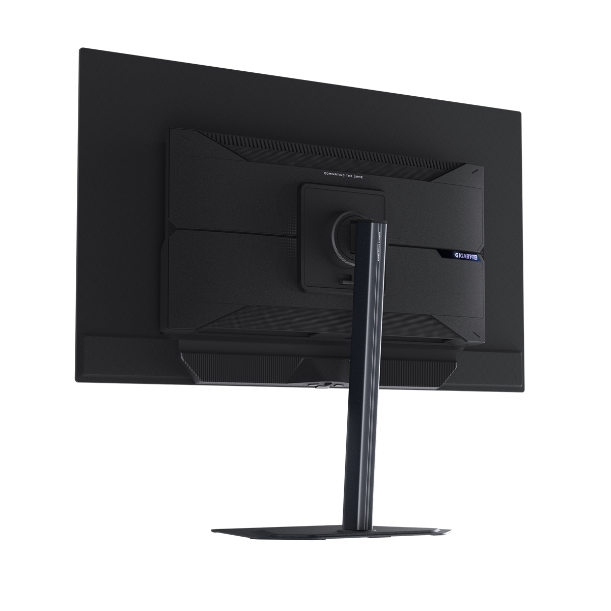 Rückansicht eines schwarzen Computermonitors. Der Ständer ist ebenfalls schwarz. Auf dem Monitor steht "GIGABYTE".