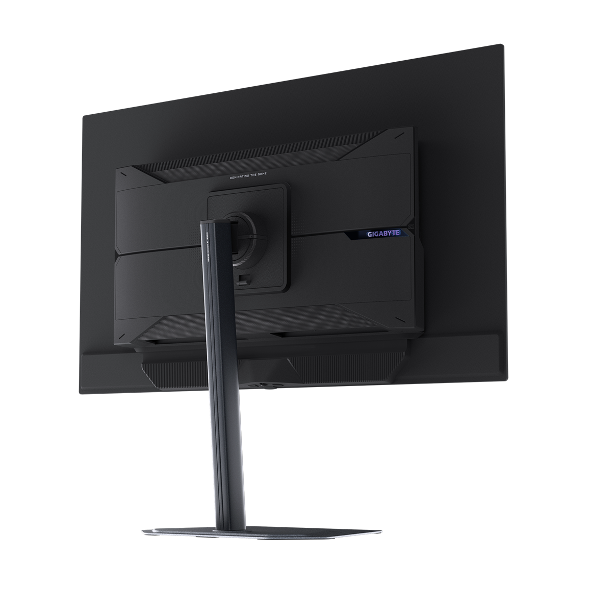 Rückansicht eines schwarzen Gigabyte-Gaming-Monitors. Der Ständer ist aus Metall. Der Monitor hat ein futuristisches Design. Der Hintergrund ist schwarz.