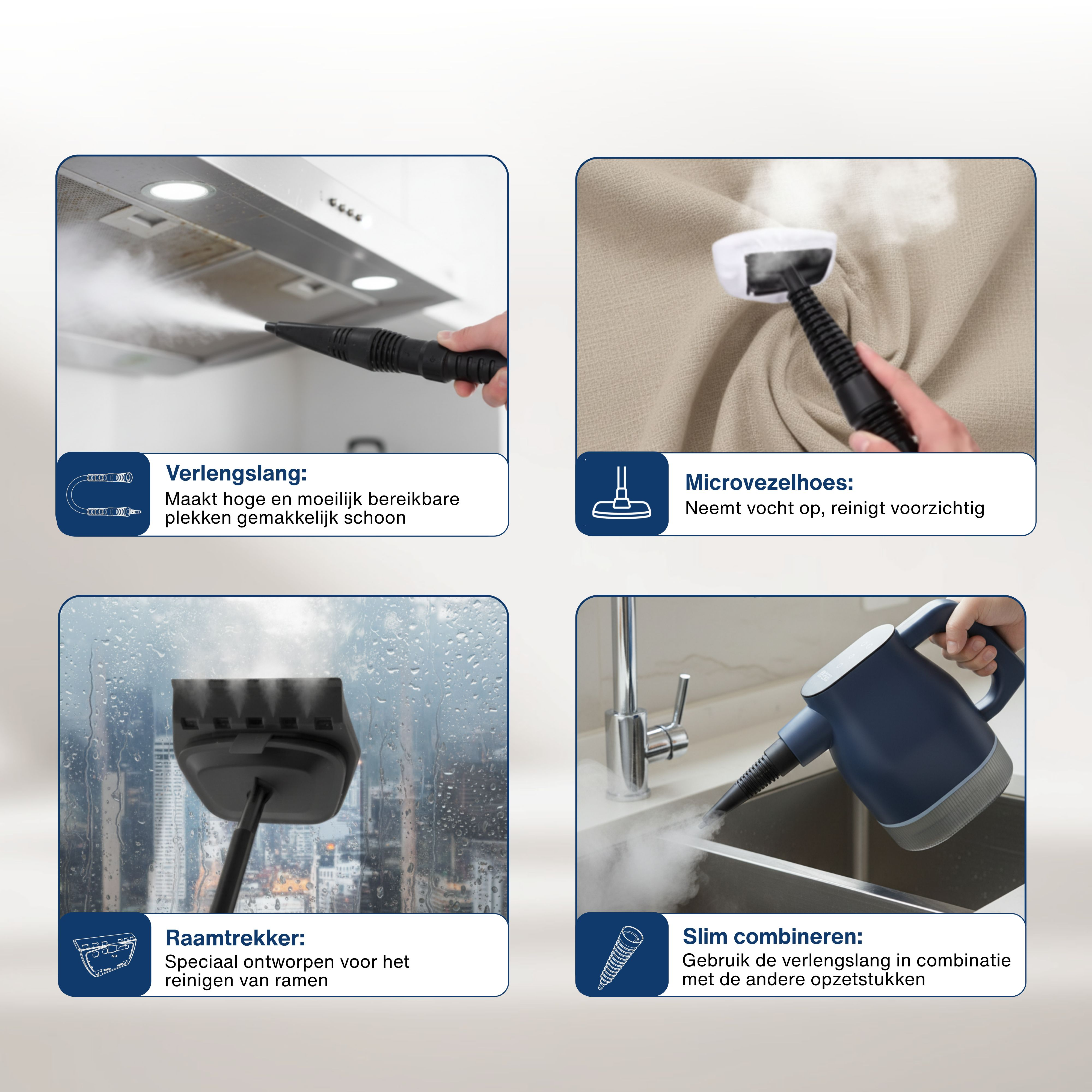 The image shows a steam cleaner with different attachments. It is cleaning a range hood, fabric, window, and sink.