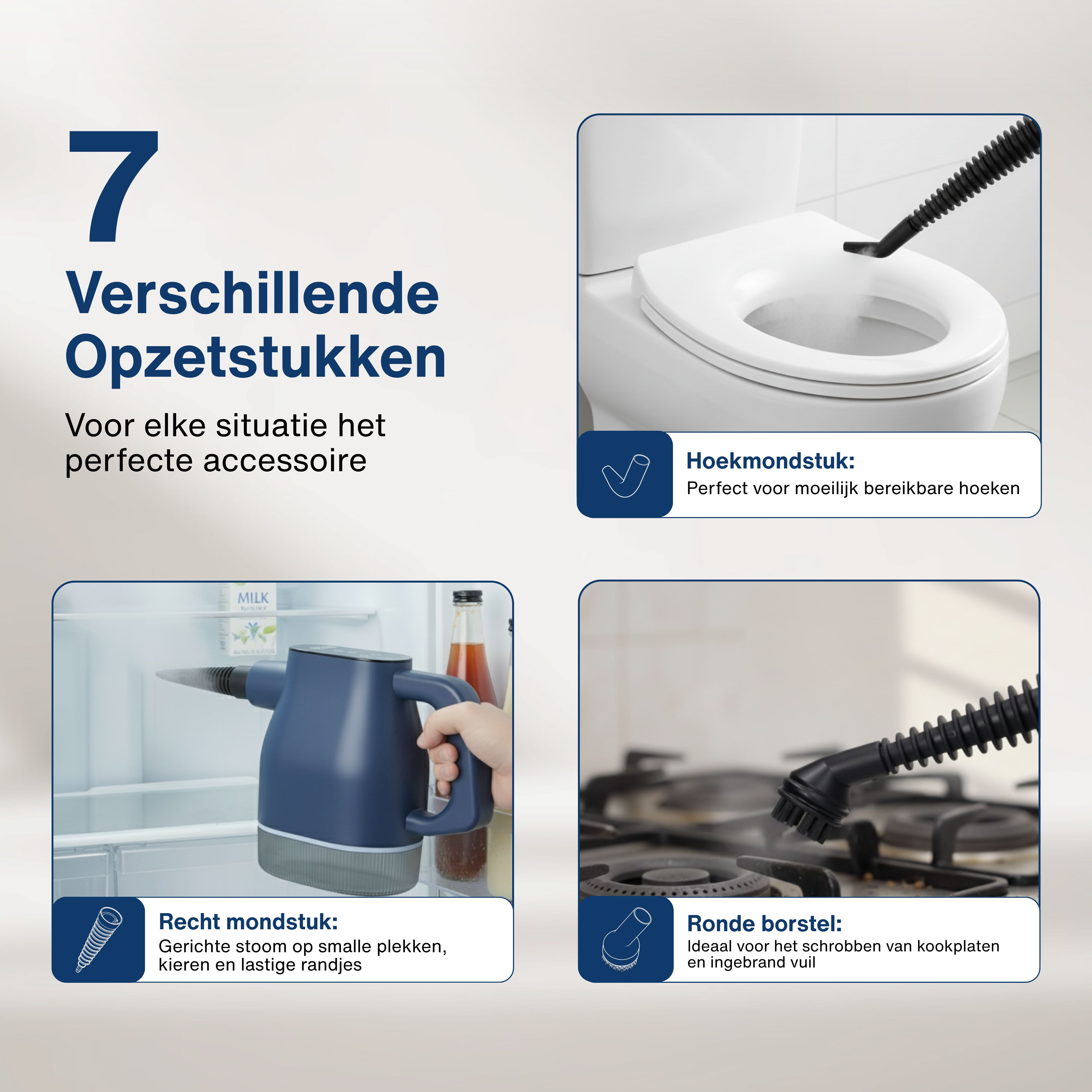 Image shows a steam cleaner with various attachments. Includes a toilet, a fridge, and a stove with a nozzle.