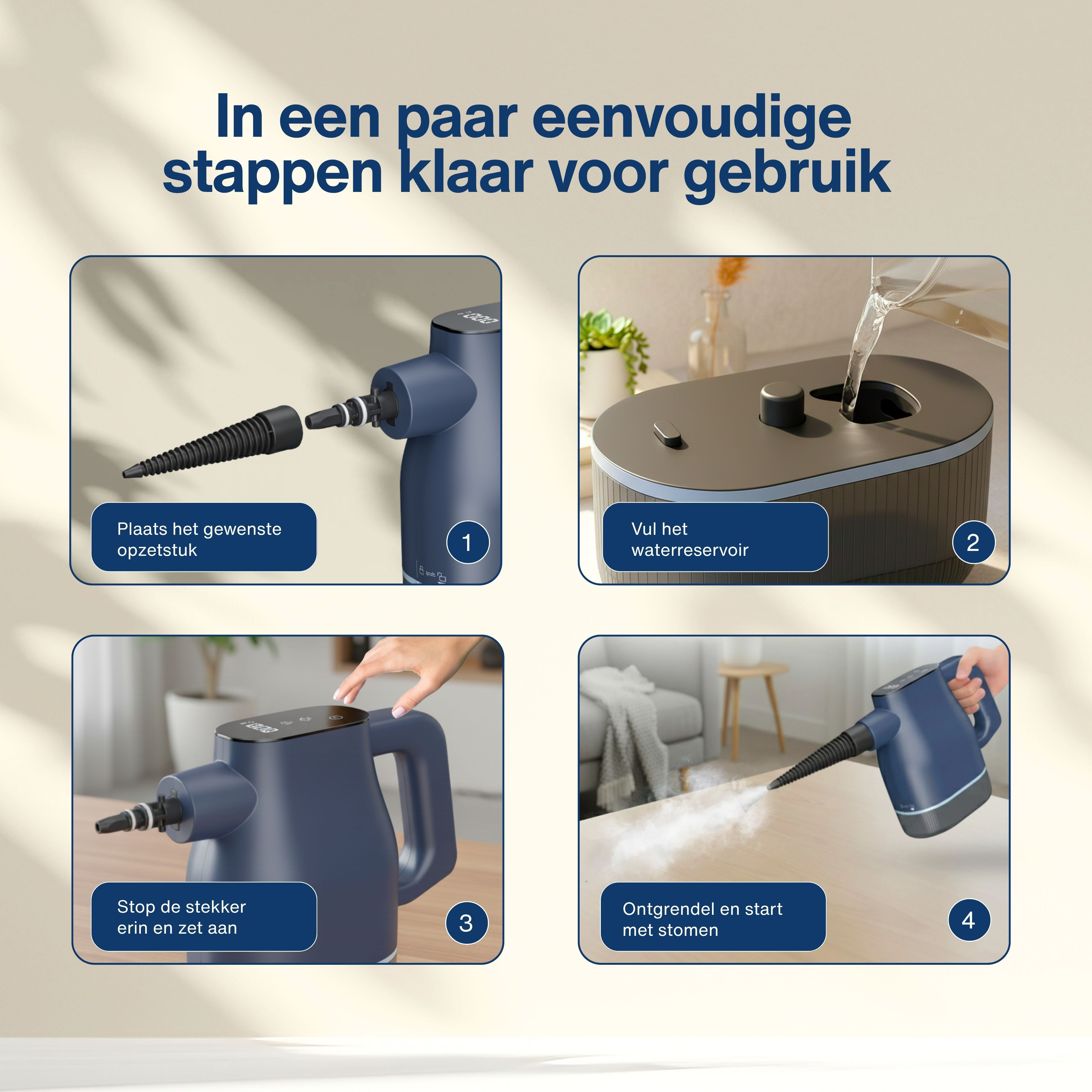 Four-step guide for using a steam cleaner. Includes attaching a nozzle, filling the reservoir, plugging it in, and steaming.
