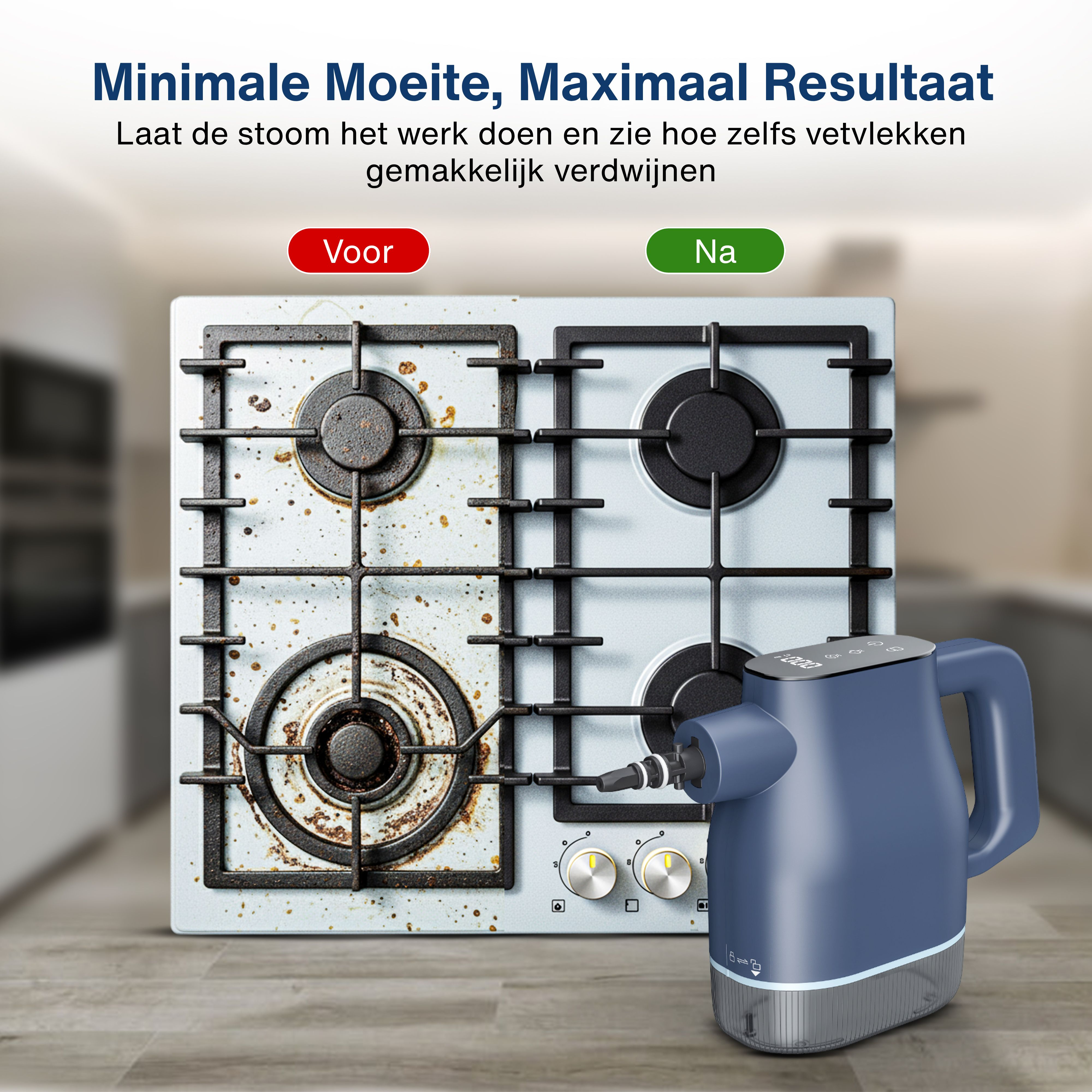 A dirty stovetop next to a clean one, with a blue steam cleaner in the foreground. 