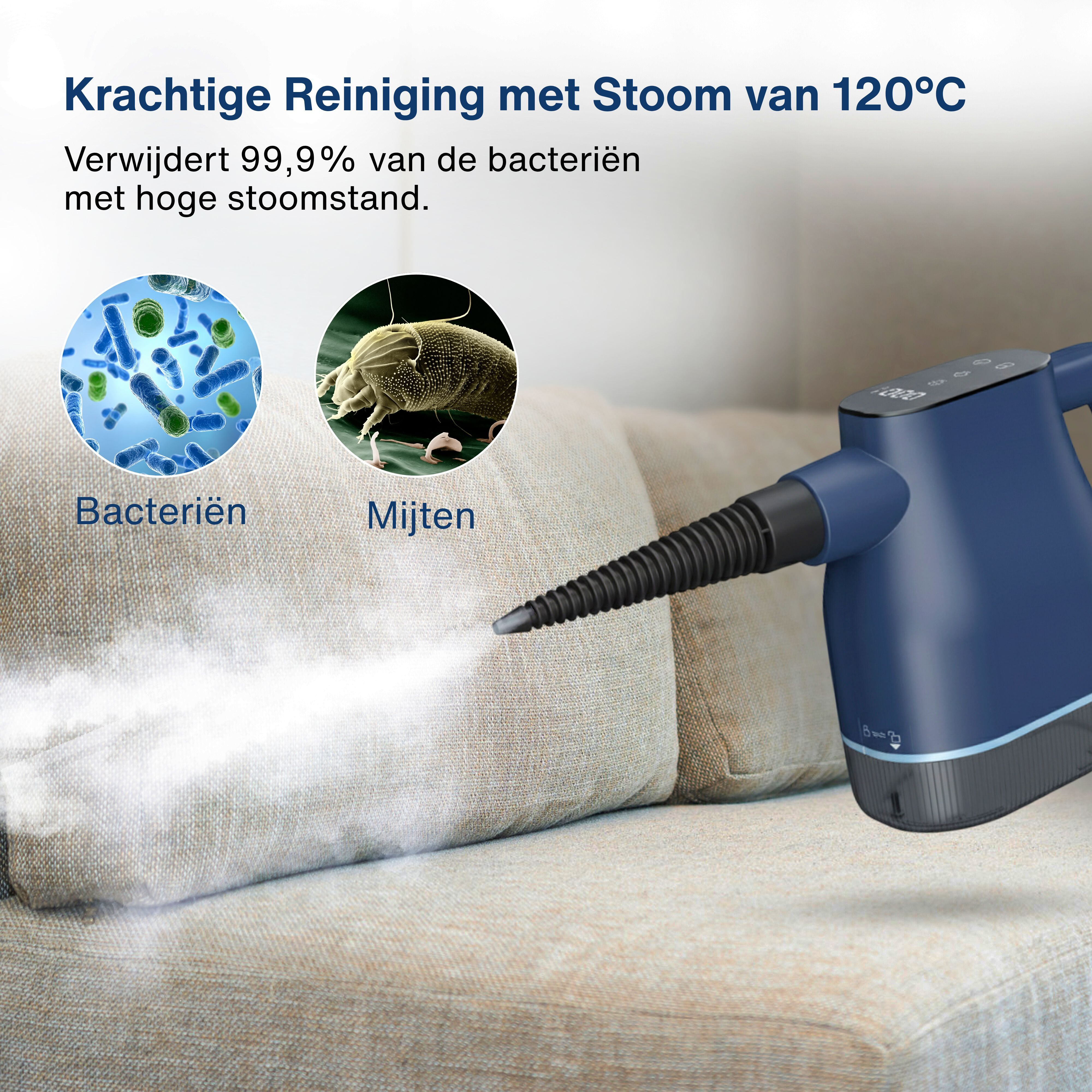 A blue steam cleaner sprays vapor onto a beige sofa. Images of bacteria and mites are present.