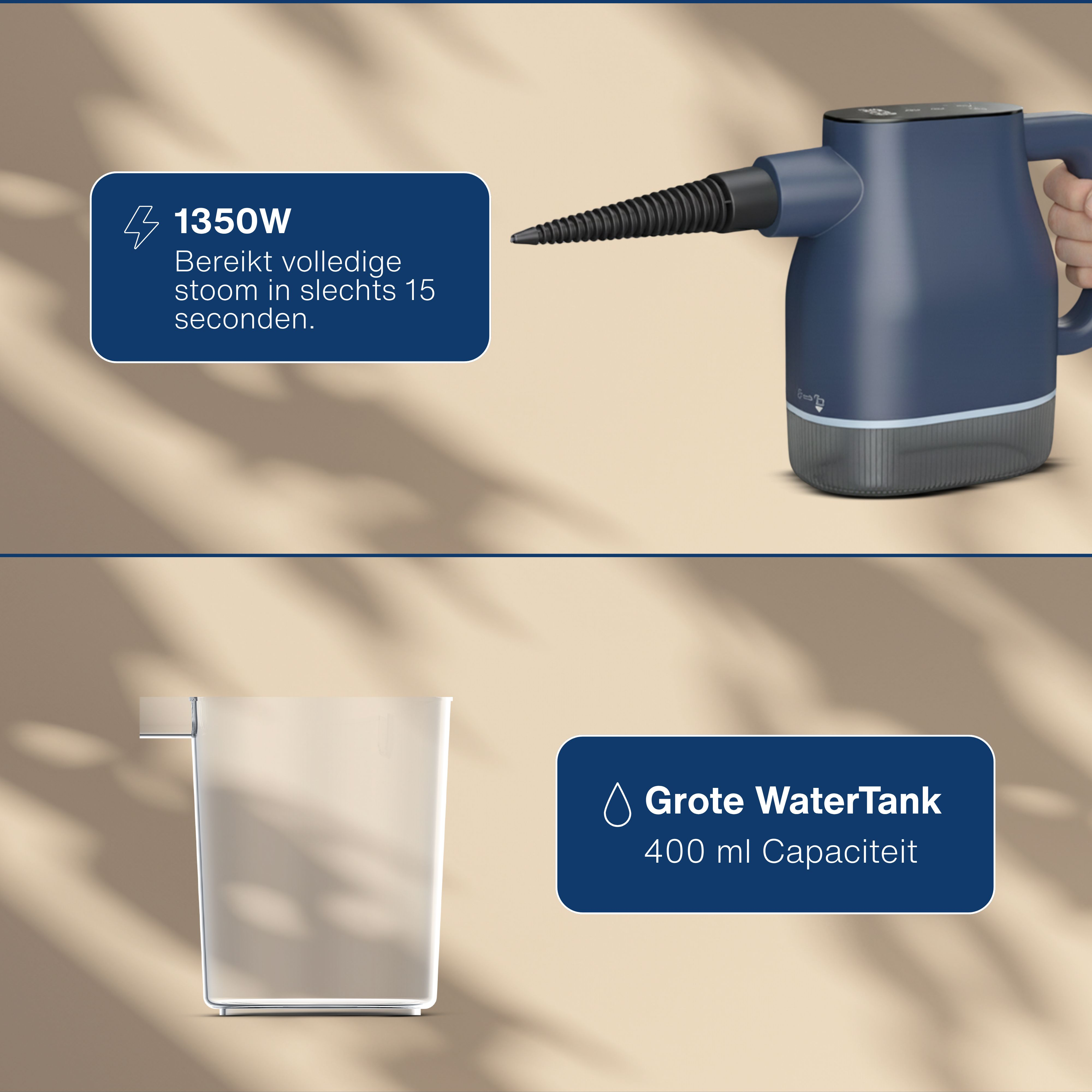 A steam cleaner with a water tank. Text indicates 1350W power and full steam in 15 seconds. 400ml tank.