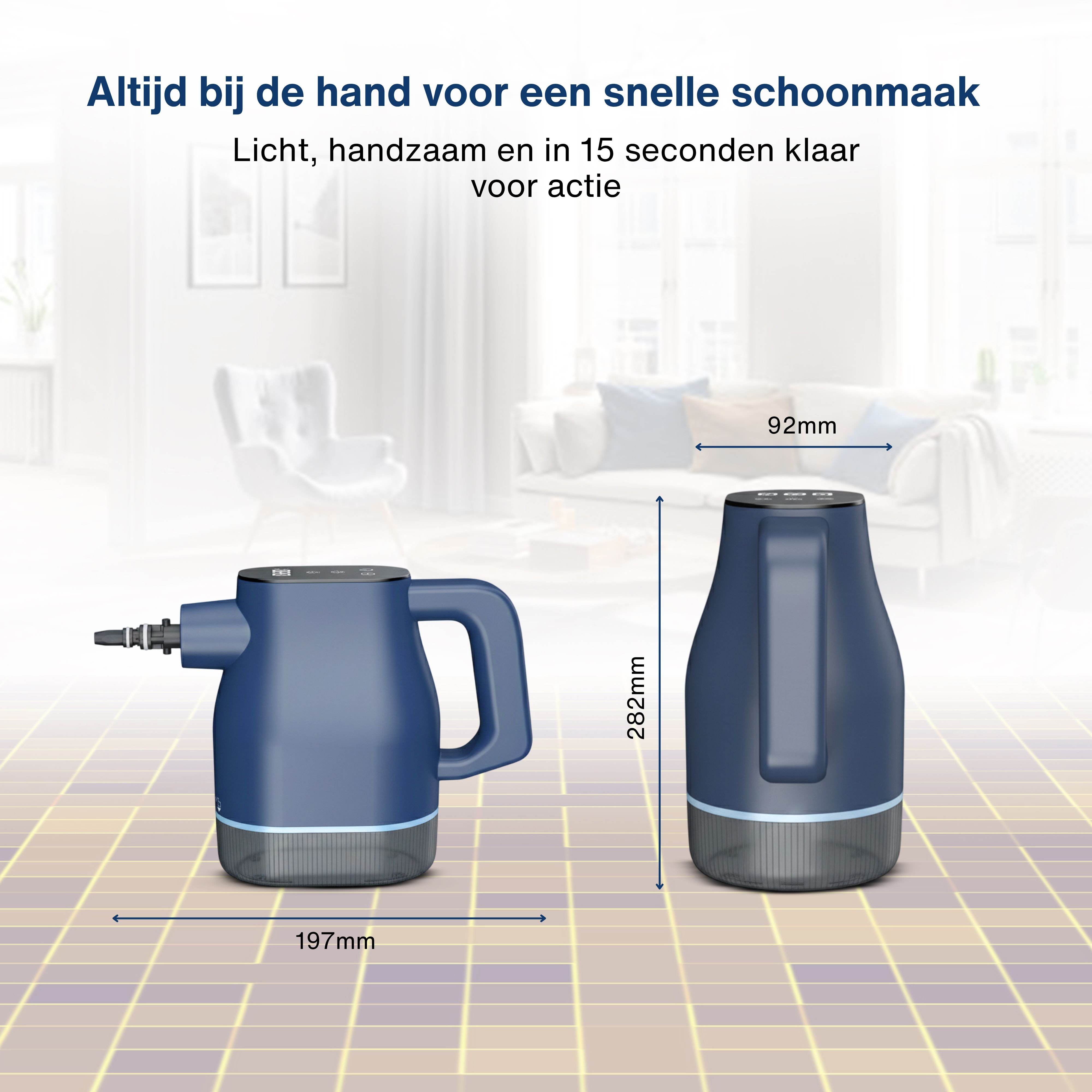 Two blue cleaning devices are displayed. One has a handle, the other is taller. Dimensions are displayed with arrows.