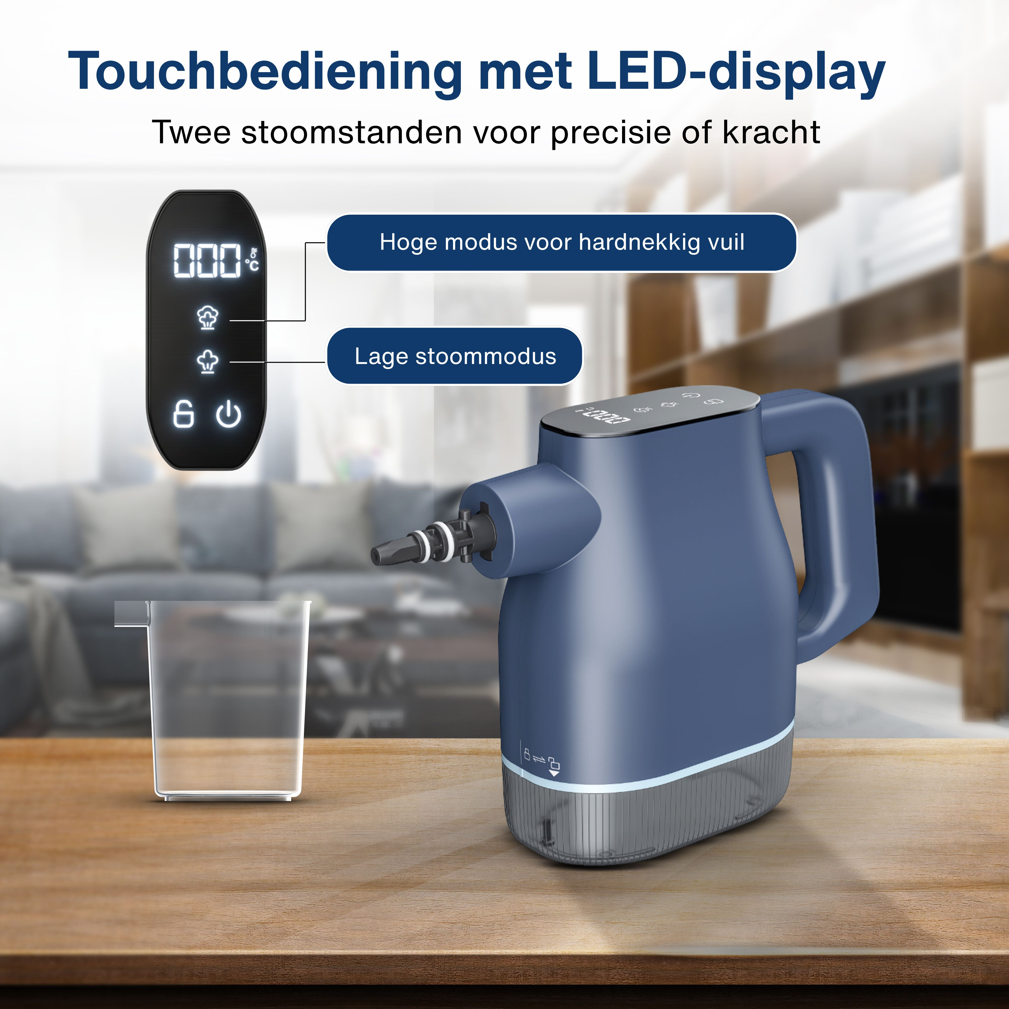 A blue steam cleaner with a digital display and a water container, on a wooden surface.