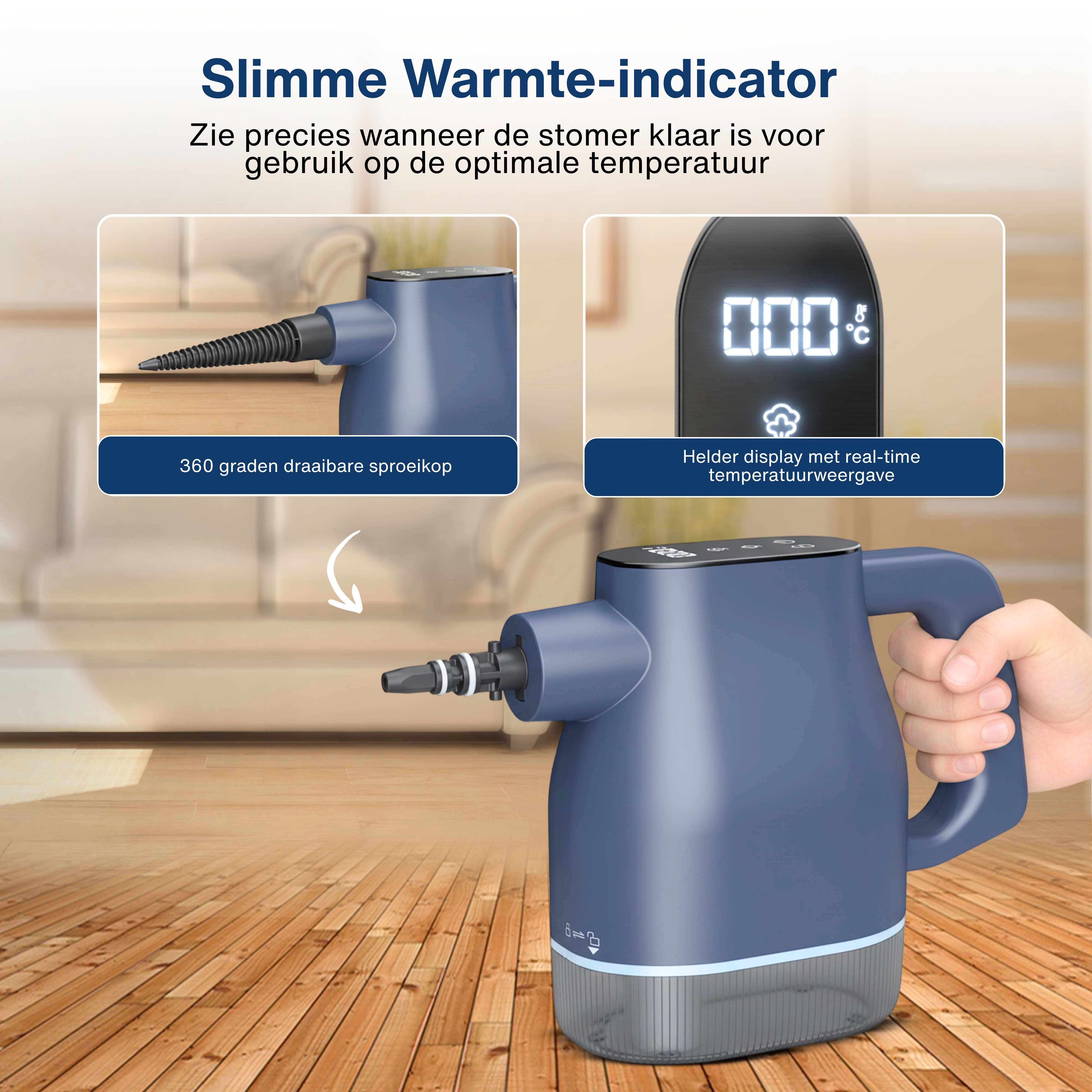 A blue steam cleaner with a digital display. It has a rotating nozzle and a hand holding the handle.