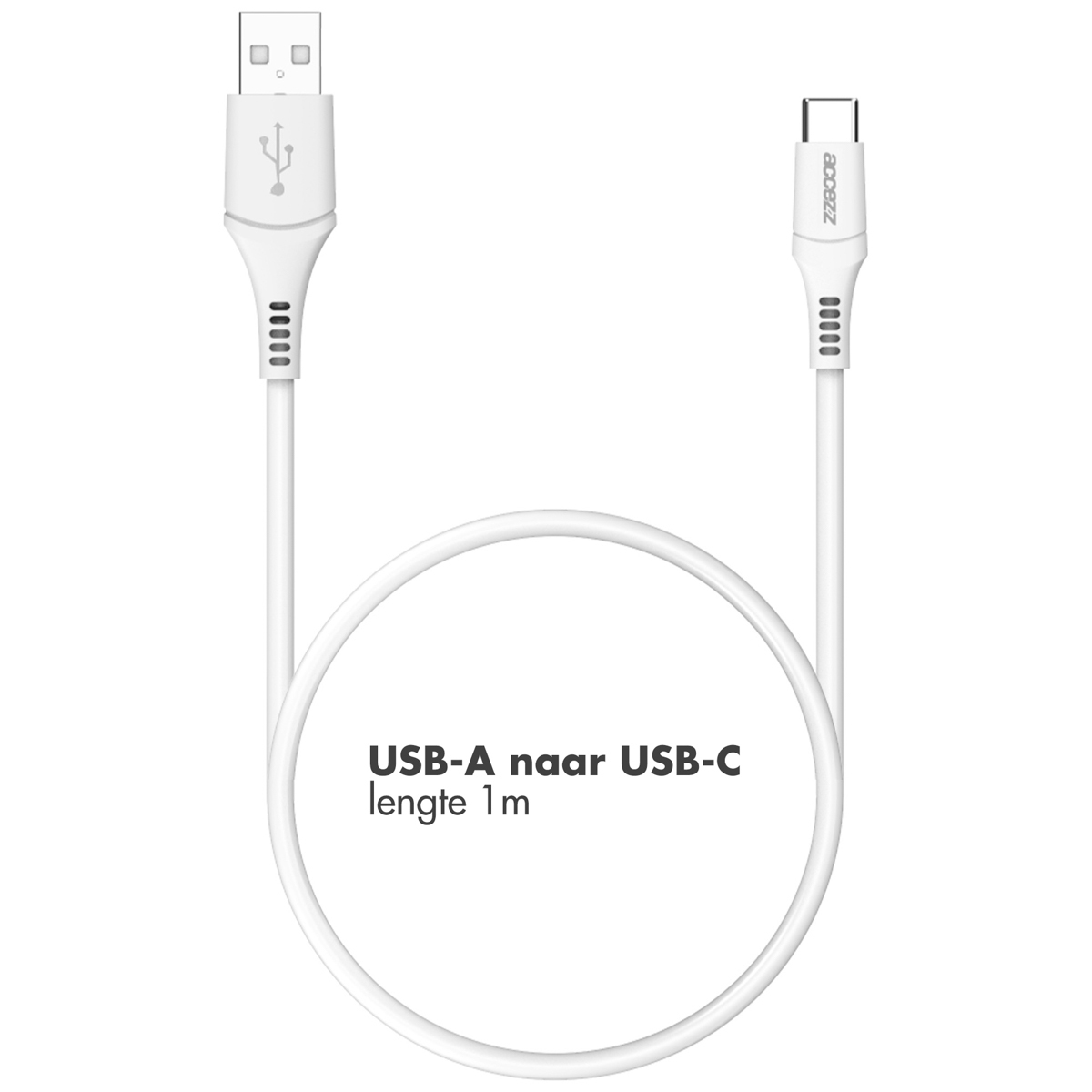 Un câble blanc USB-A vers USB-C, de 1 m de long. Le texte sur le câble indique 'acebezz'. Le câble est sur fond blanc.