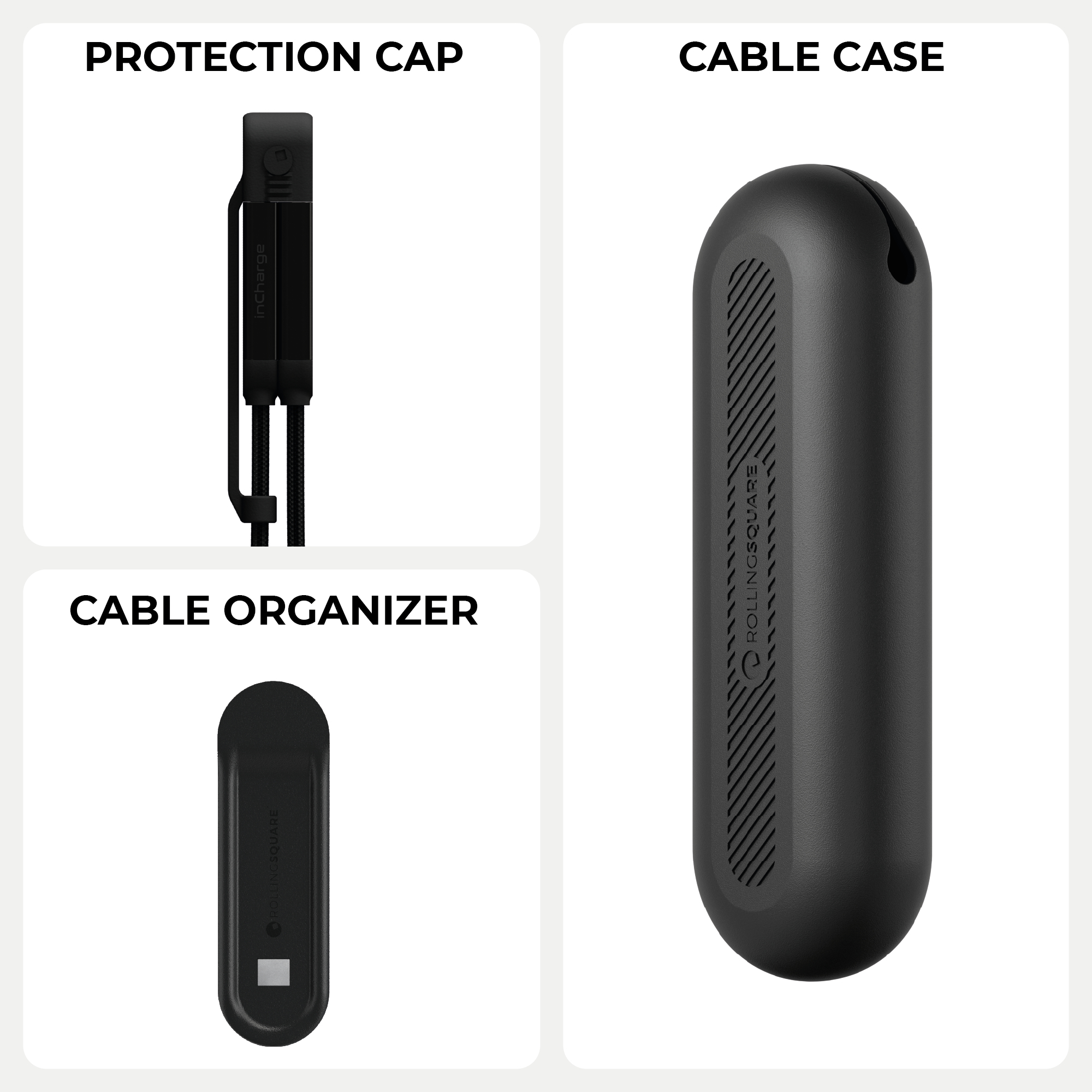 L'image présente un étui à câble noir, un organiseur et un capuchon de protection. Tous les éléments sont noirs sur fond blanc.