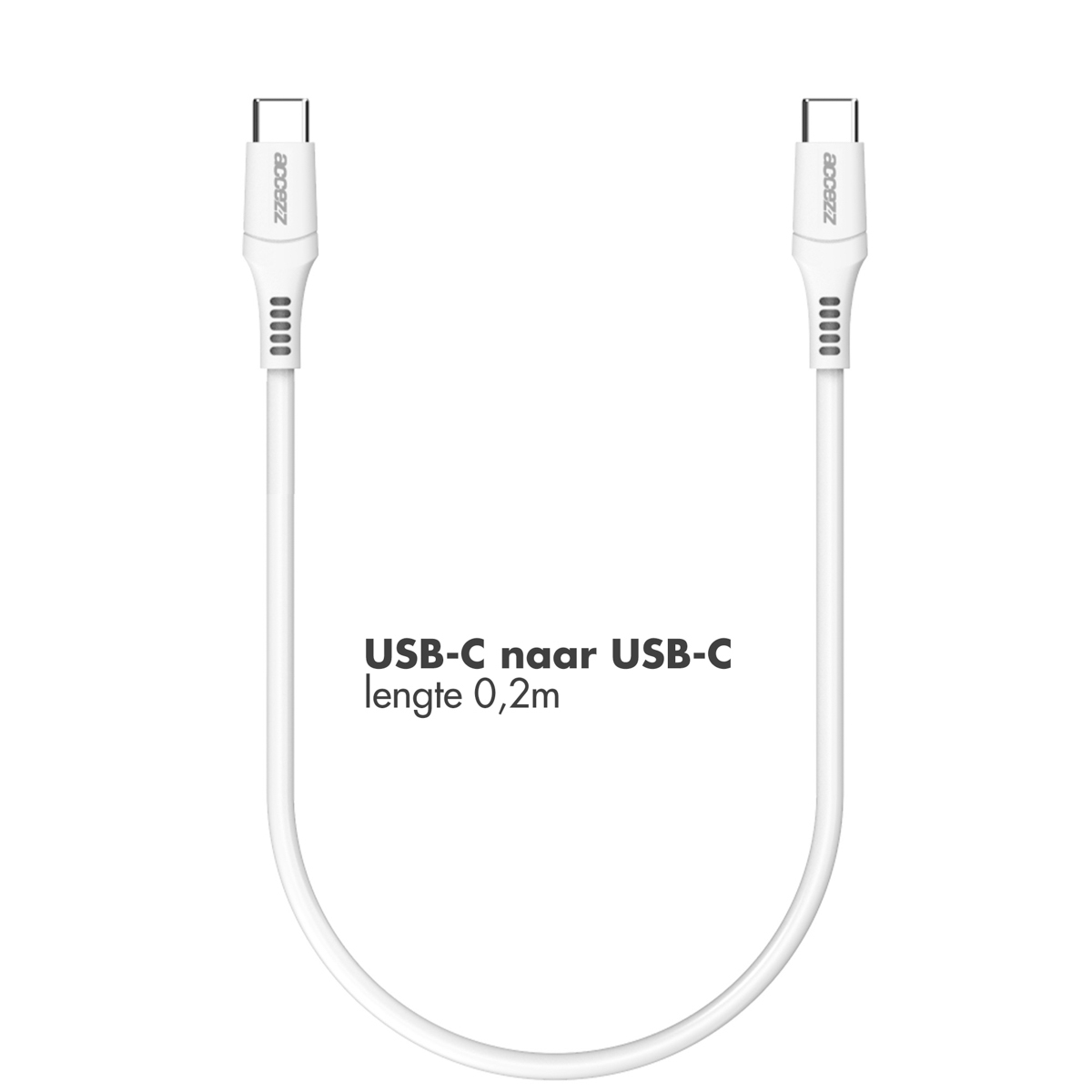 Un câble blanc USB-C vers USB-C avec le texte "USB-C naar USB-C lengte 0,2m". Le câble est sur un fond blanc.