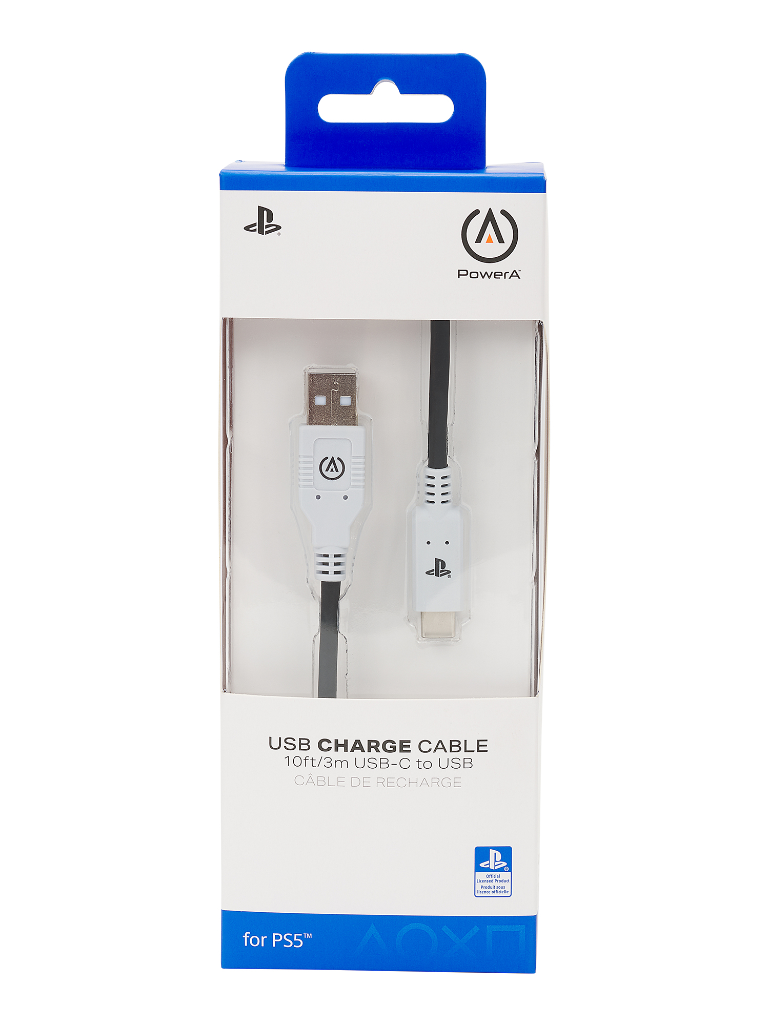 Un cable de carga USB-C a USB blanco y negro en una caja blanca y azul. La caja dice 'for PS5'.