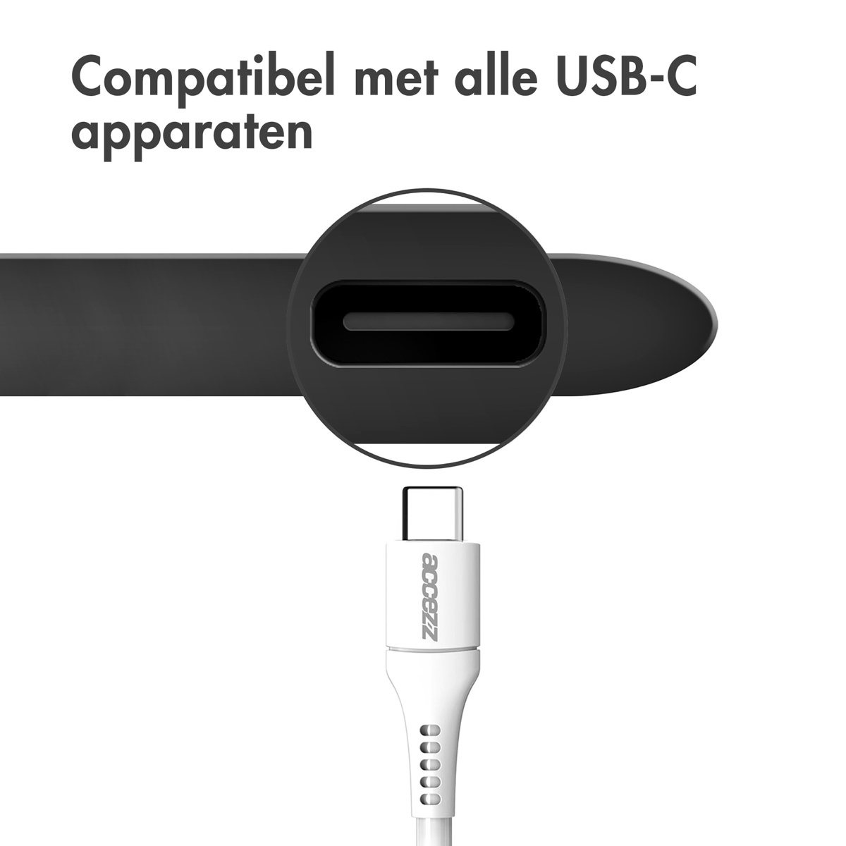 Gros plan d'un câble et d'un port USB-C. Le câble est blanc avec la marque 'accezz'. Le port est noir, mis en évidence par un cercle.