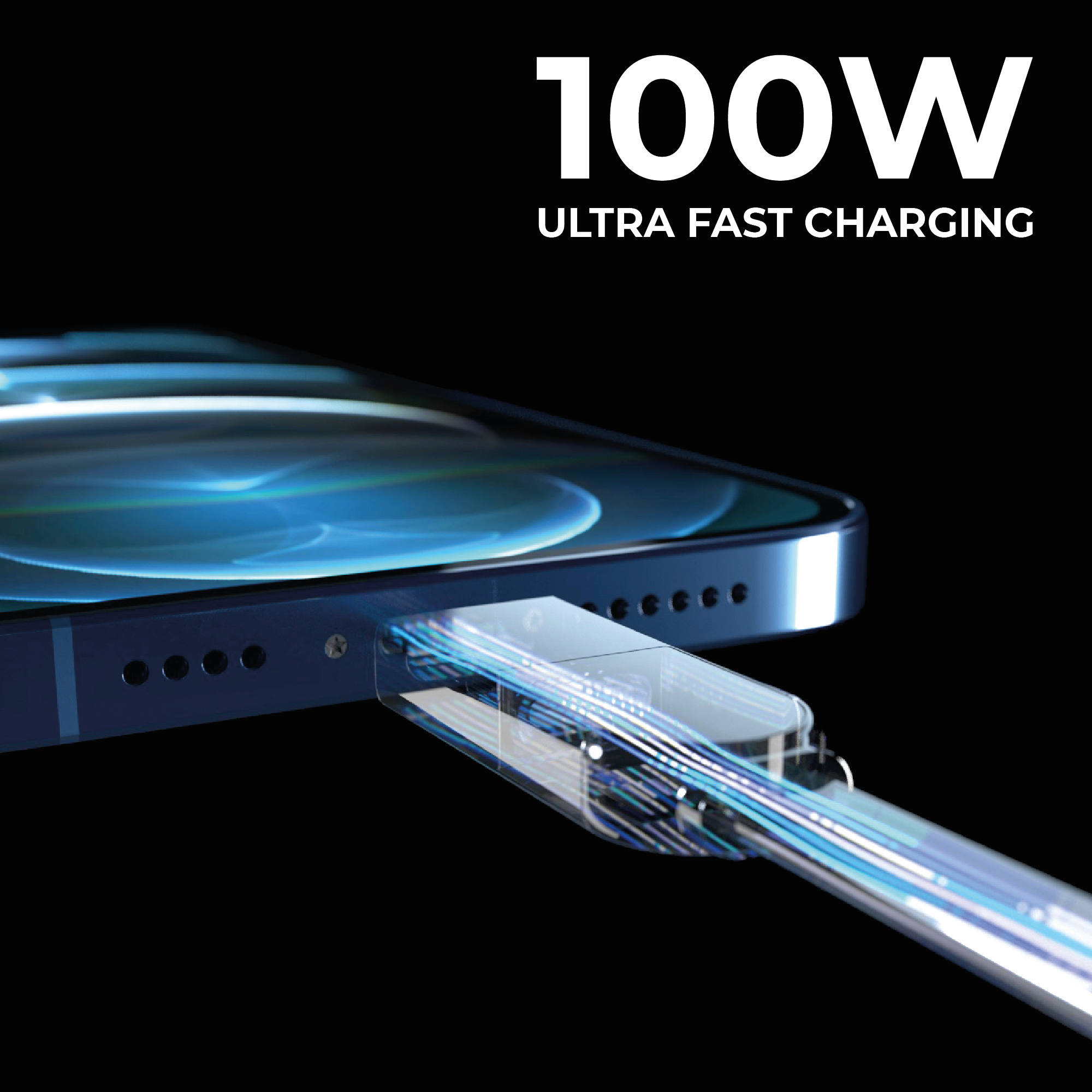 Un téléphone en charge avec un chargeur 100W. Le téléphone est bleu et le fond est noir.