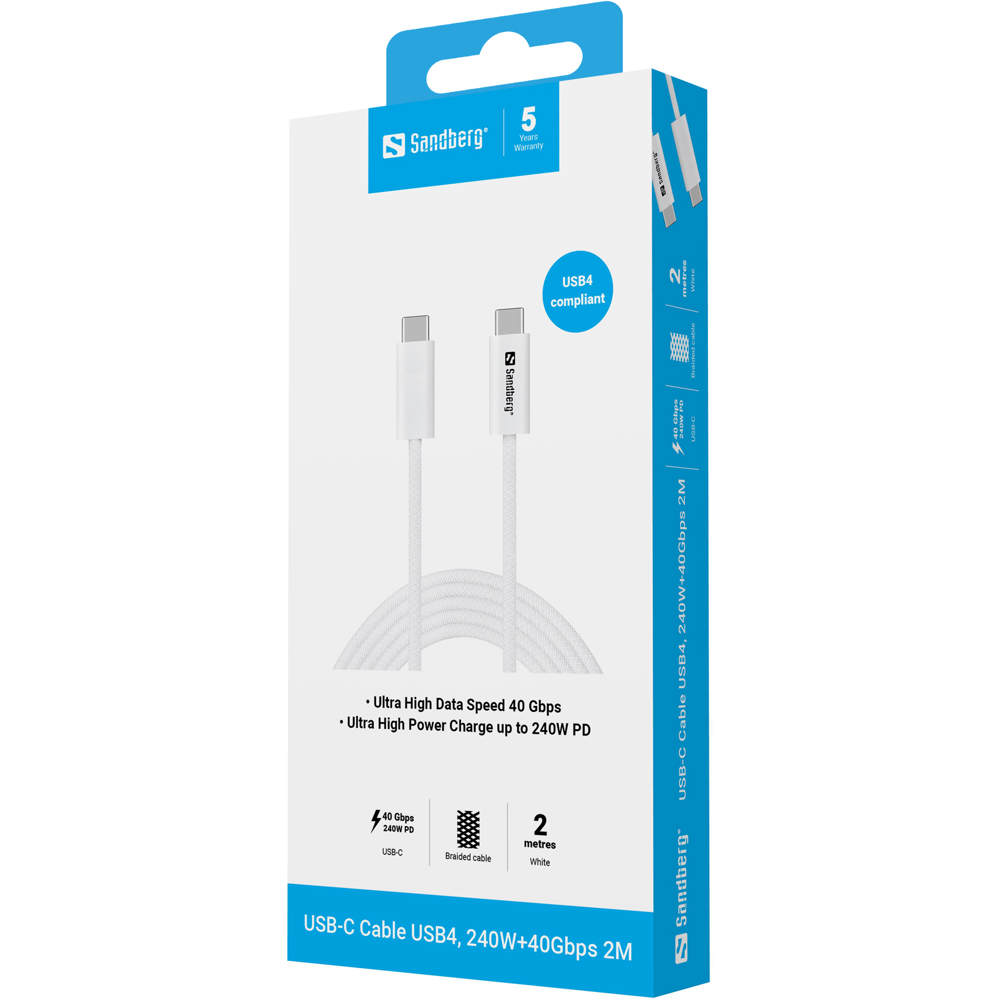 Verpakte Sandberg USB-C kabel. Witte kabel, 2 meter lang, ondersteunt 40 Gbps datasnelheid en 240W PD opladen.