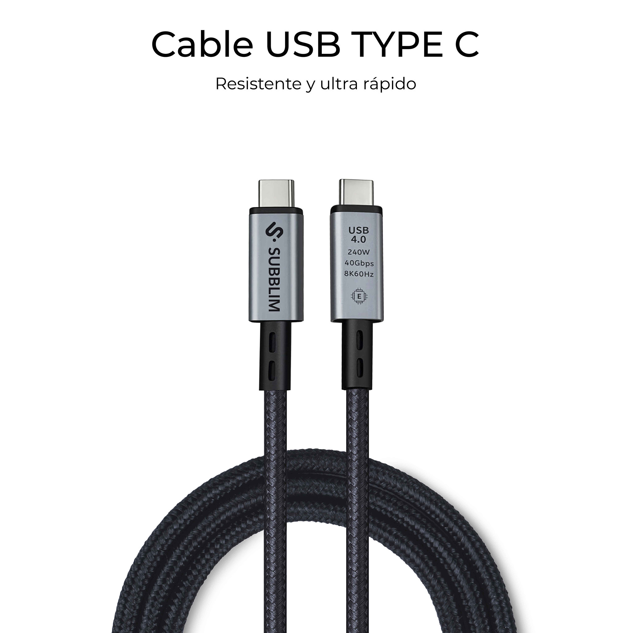 USB-Typ-C-Kabel, schwarz geflochten, mit silbernen Steckern. Text: USB 4.0, 240W, 40 Gbit/s, 8K60Hz.
