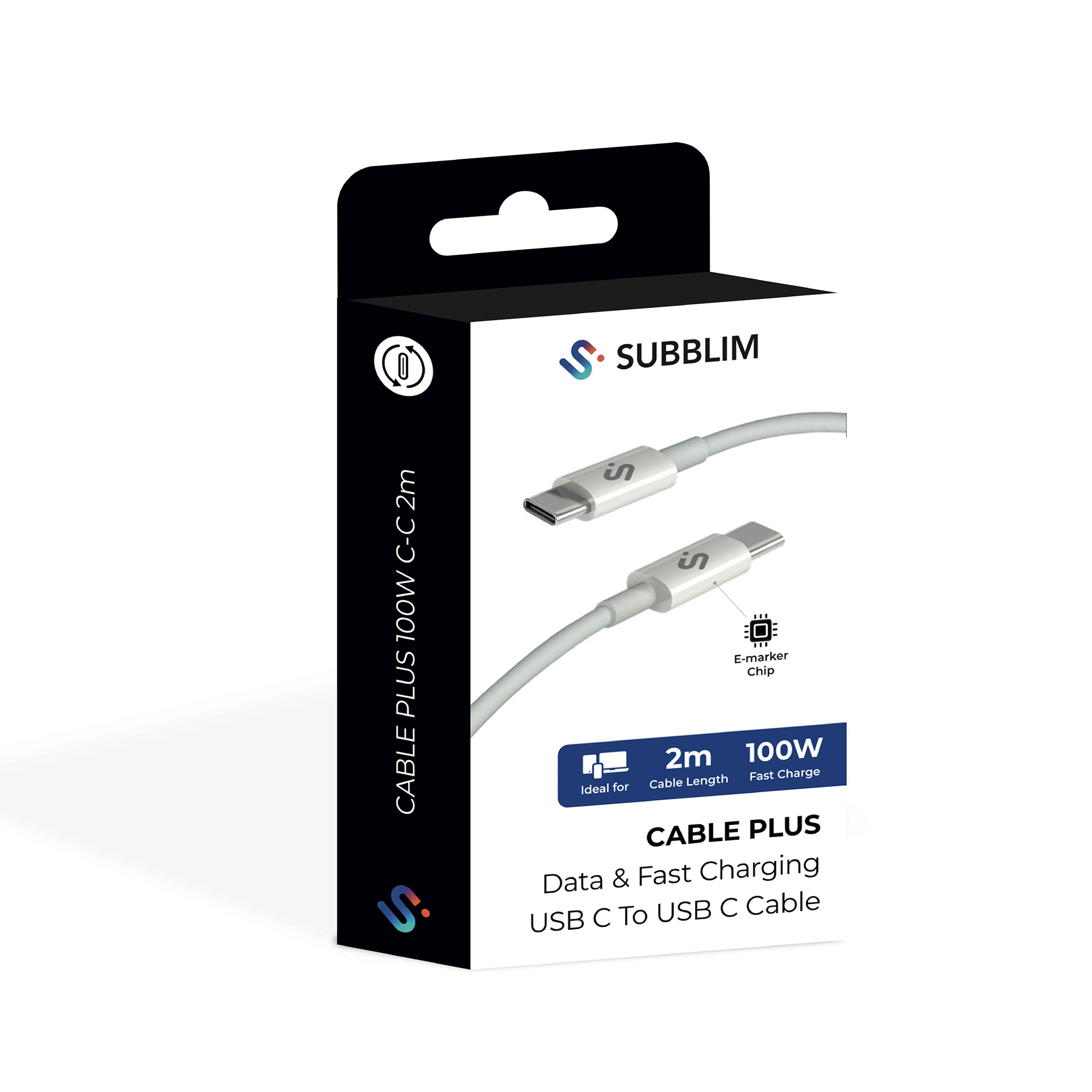 Eine schwarz-weiße Schachtel zeigt ein USB-C-Kabel. Es ist mit 'CABLE PLUS' beschriftet und hebt die Schnelllade- und Datenübertragungsfunktionen hervor.