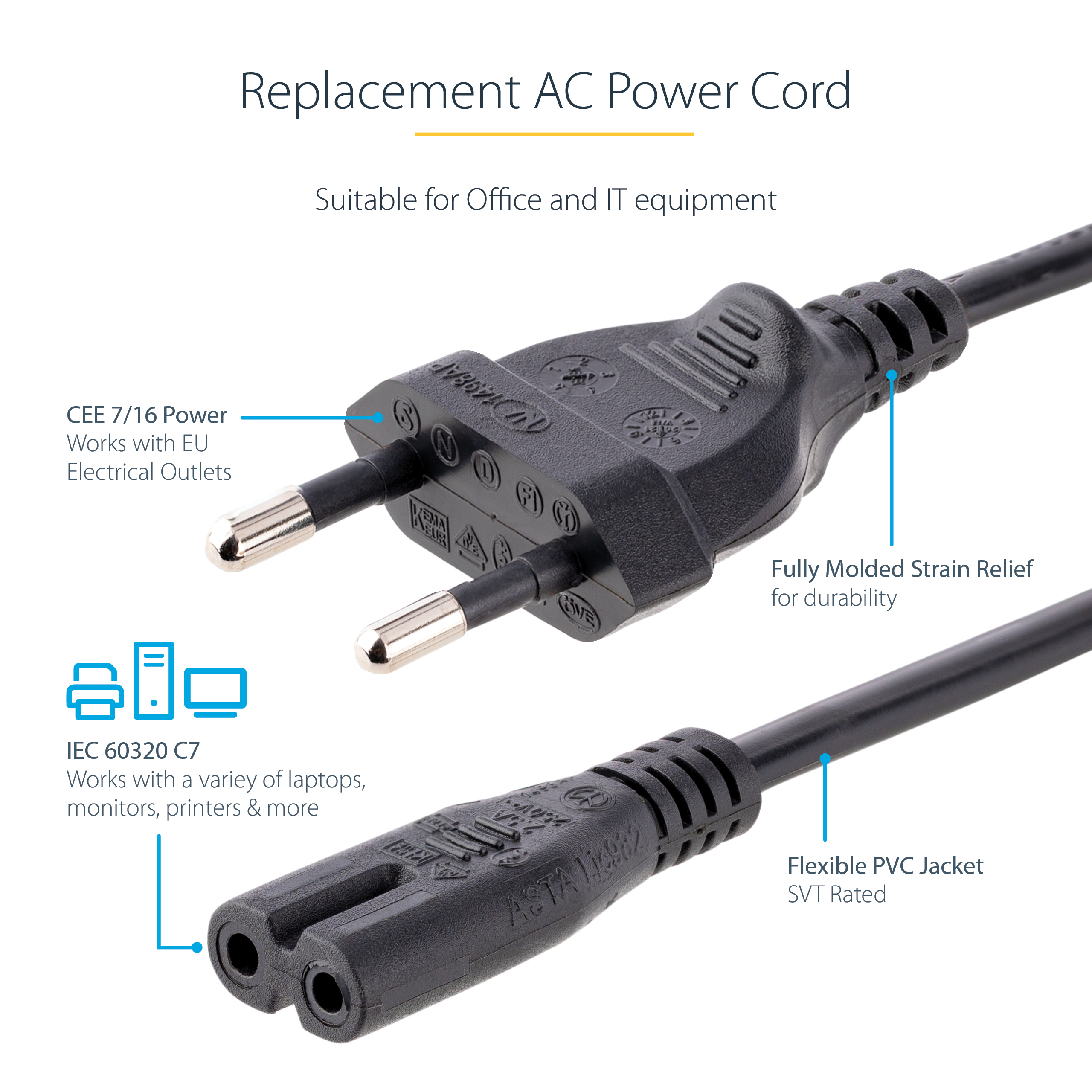 Un cable de alimentación negro con dos tipos de enchufe. El texto lo identifica como cable de repuesto para equipos de oficina e informáticos.