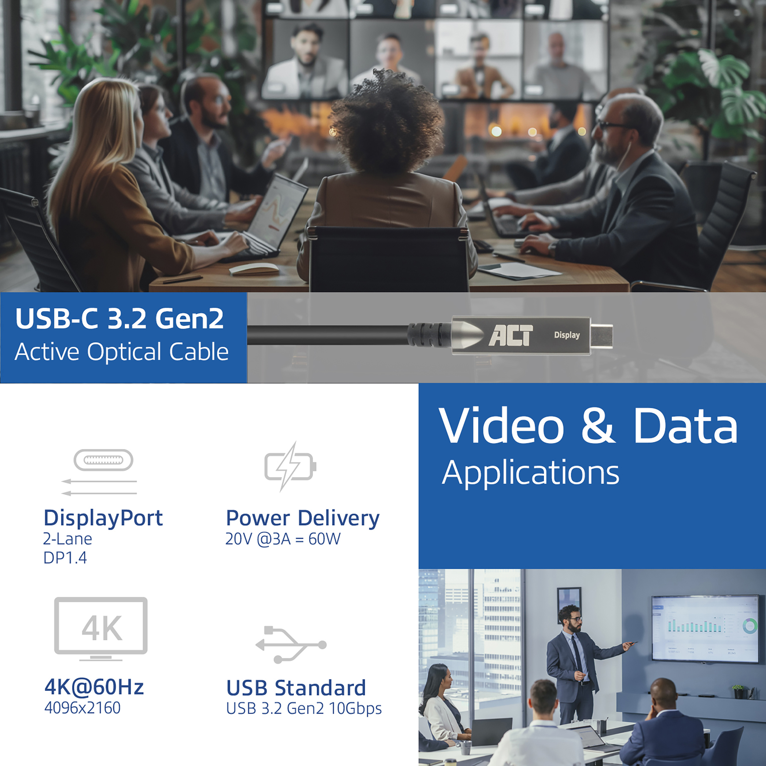 Das Bild zeigt ein Meeting mit einem Displaykabel, Symbolen für 4K, USB und eine Präsentation über Datenanalyse.