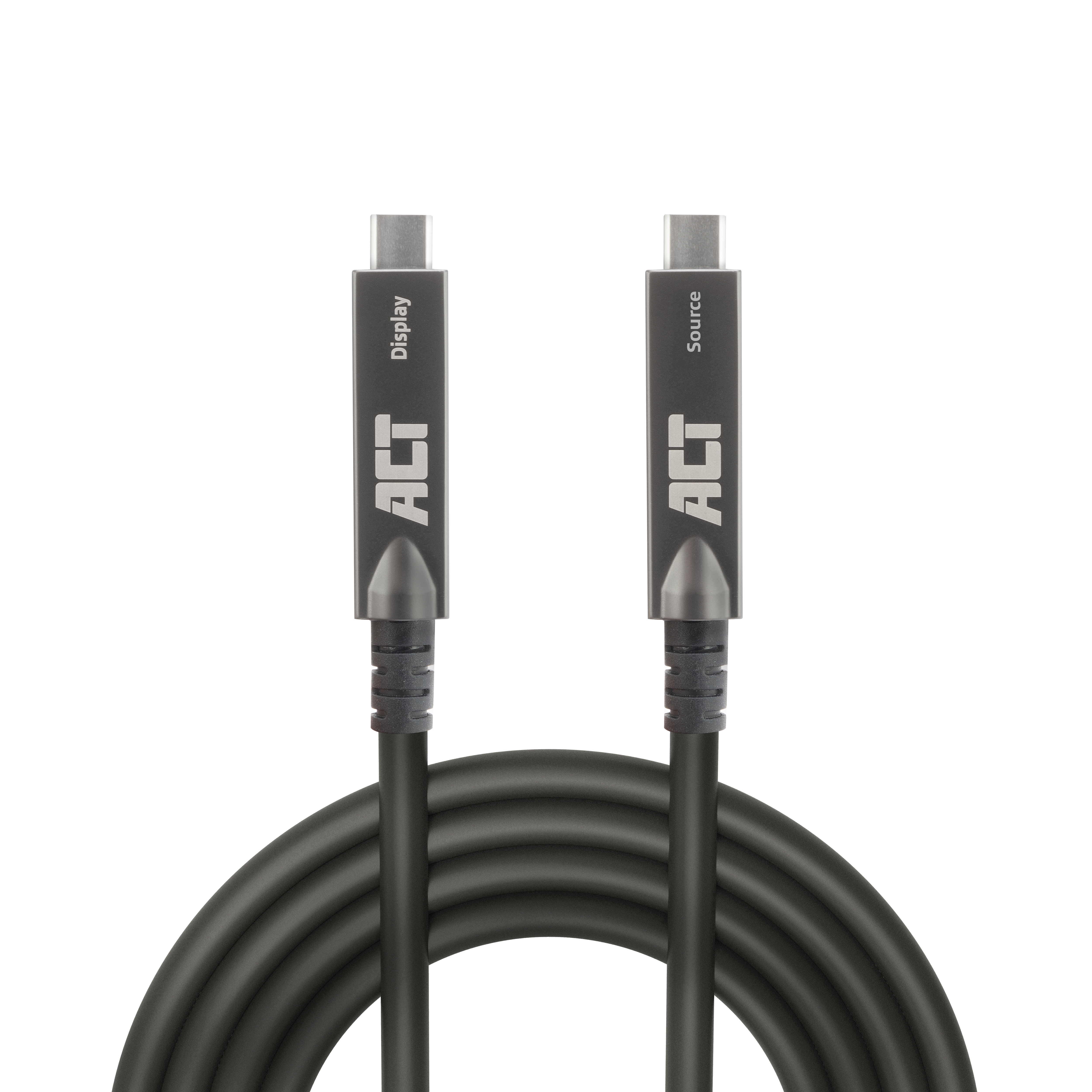 Ein schwarzes ACT DisplayPort-Kabel mit 'Display'- und 'Source'-Anschlüssen auf weißem Hintergrund.