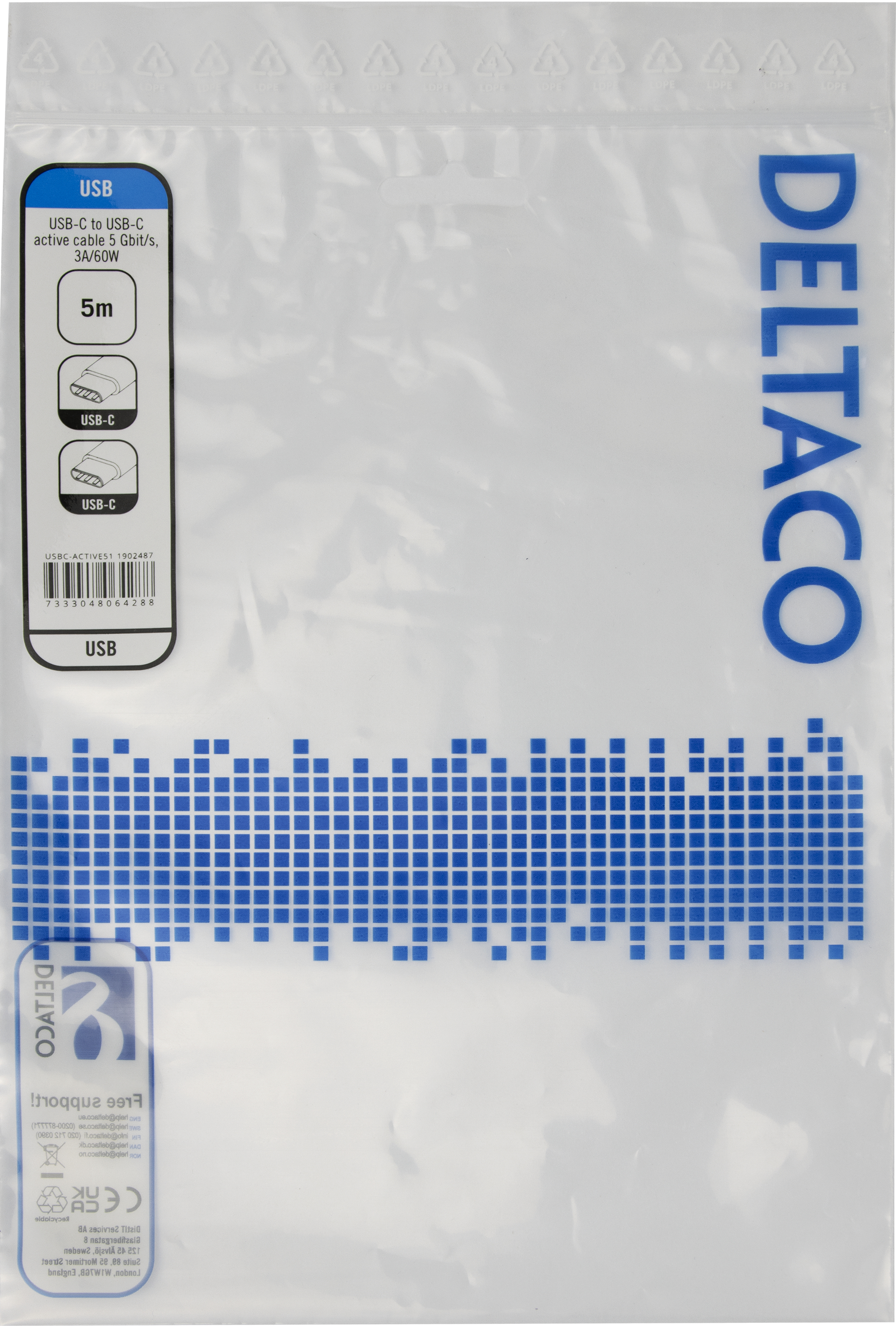 Sacchetto di plastica trasparente con dettagli del cavo USB, logo DELTACO, design a quadrati blu e icone USB.