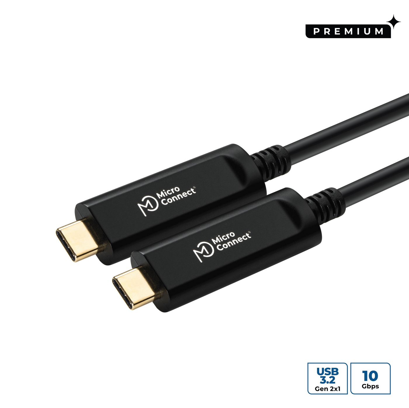 Deux câbles USB-C Micro Connect noirs, connecteurs dorés. Étiquette Premium en haut à droite, info USB 3.2 et 10 Gbit/s en bas.
