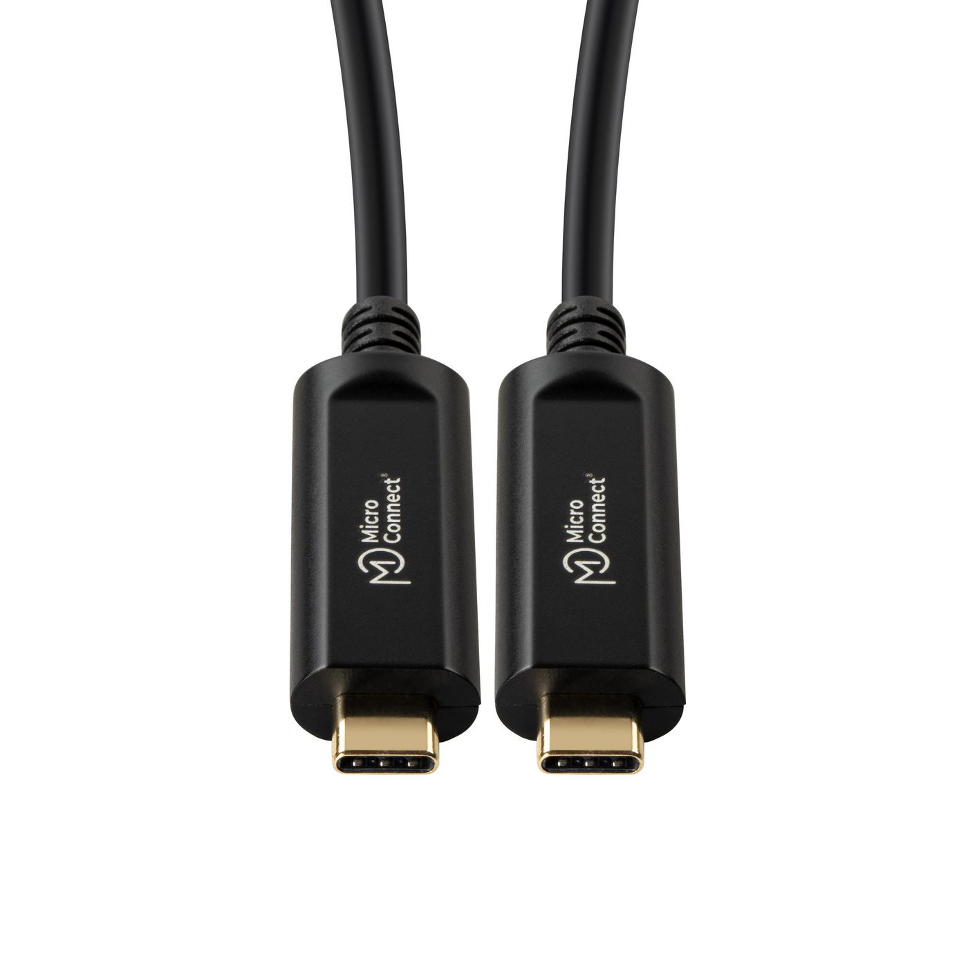 Deux câbles USB-C noirs Micro Connect, connecteurs vers l'avant. Broches dorées visibles. Câbles sur fond blanc.
